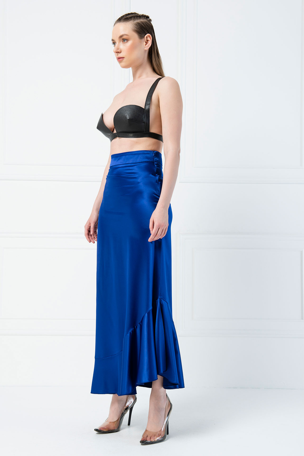 Saks Blue Satin Asymmetric Ruffle Skirt