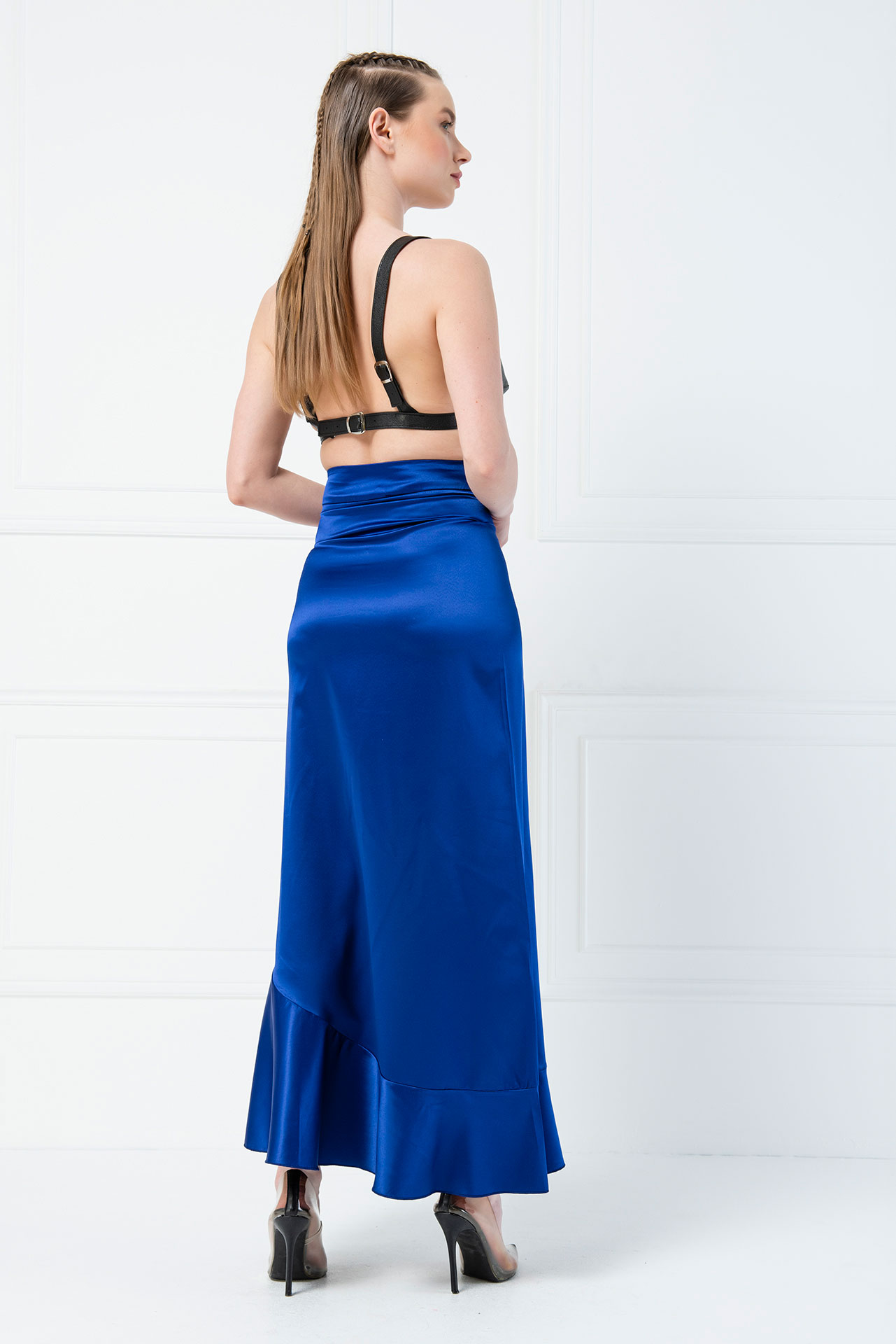 Wholesale Saks Blue Satin Asymmetric Ruffle Skirt