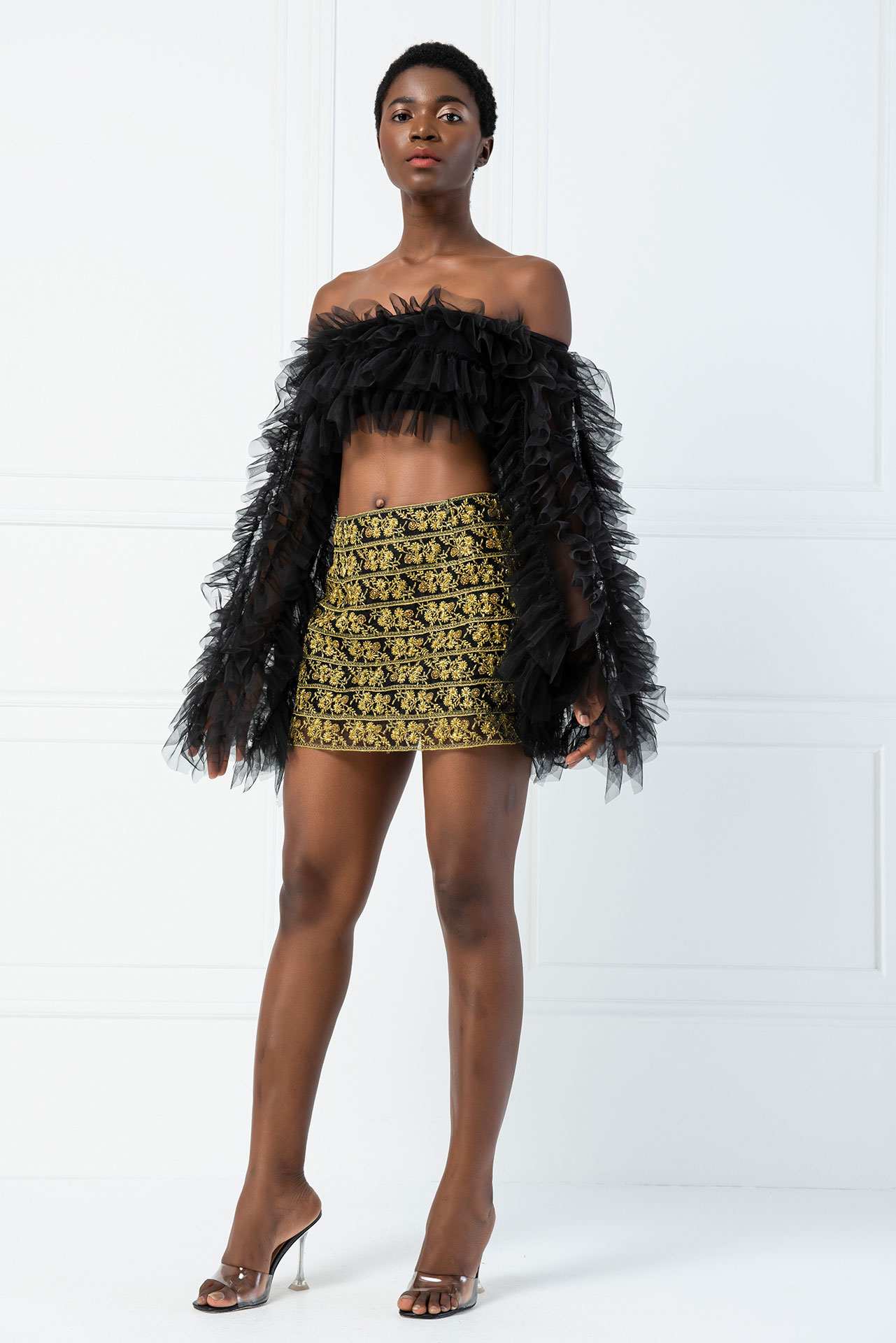 Wholesale Embroidered Mesh Mini Skirt in Gold-Black