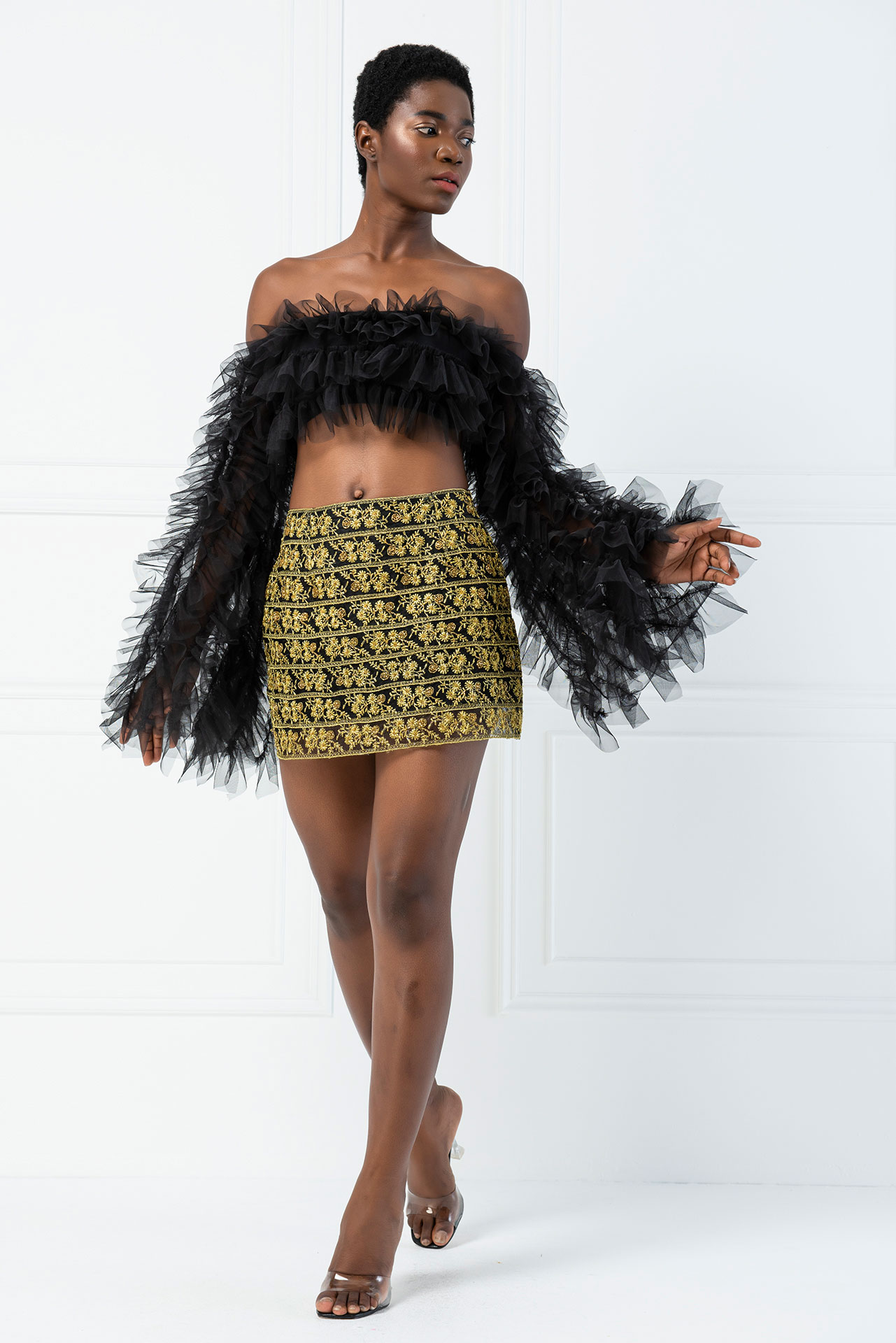Wholesale Embroidered Mesh Mini Skirt in Gold-Black