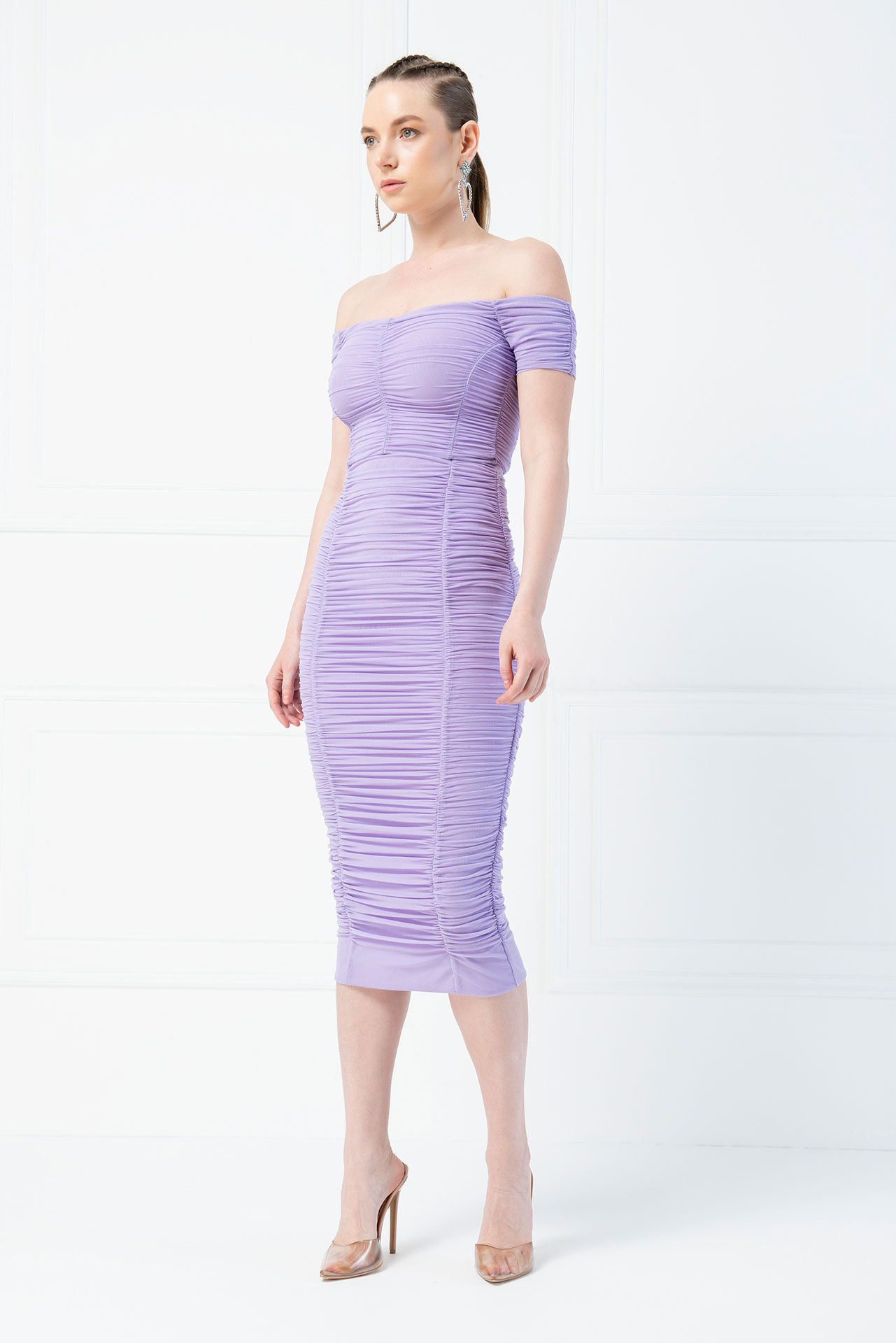 Lilac Shirred Tube Midi Dress