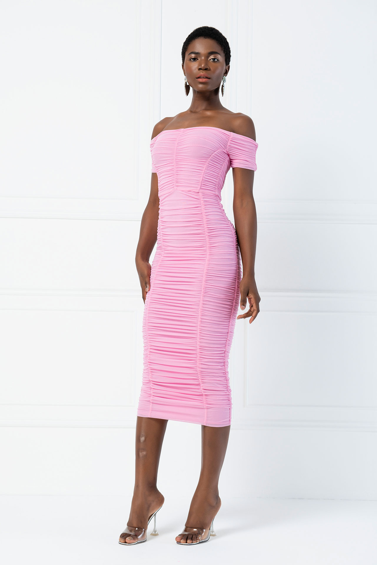 Wholesale New Pink Shirred Tube Midi Dress