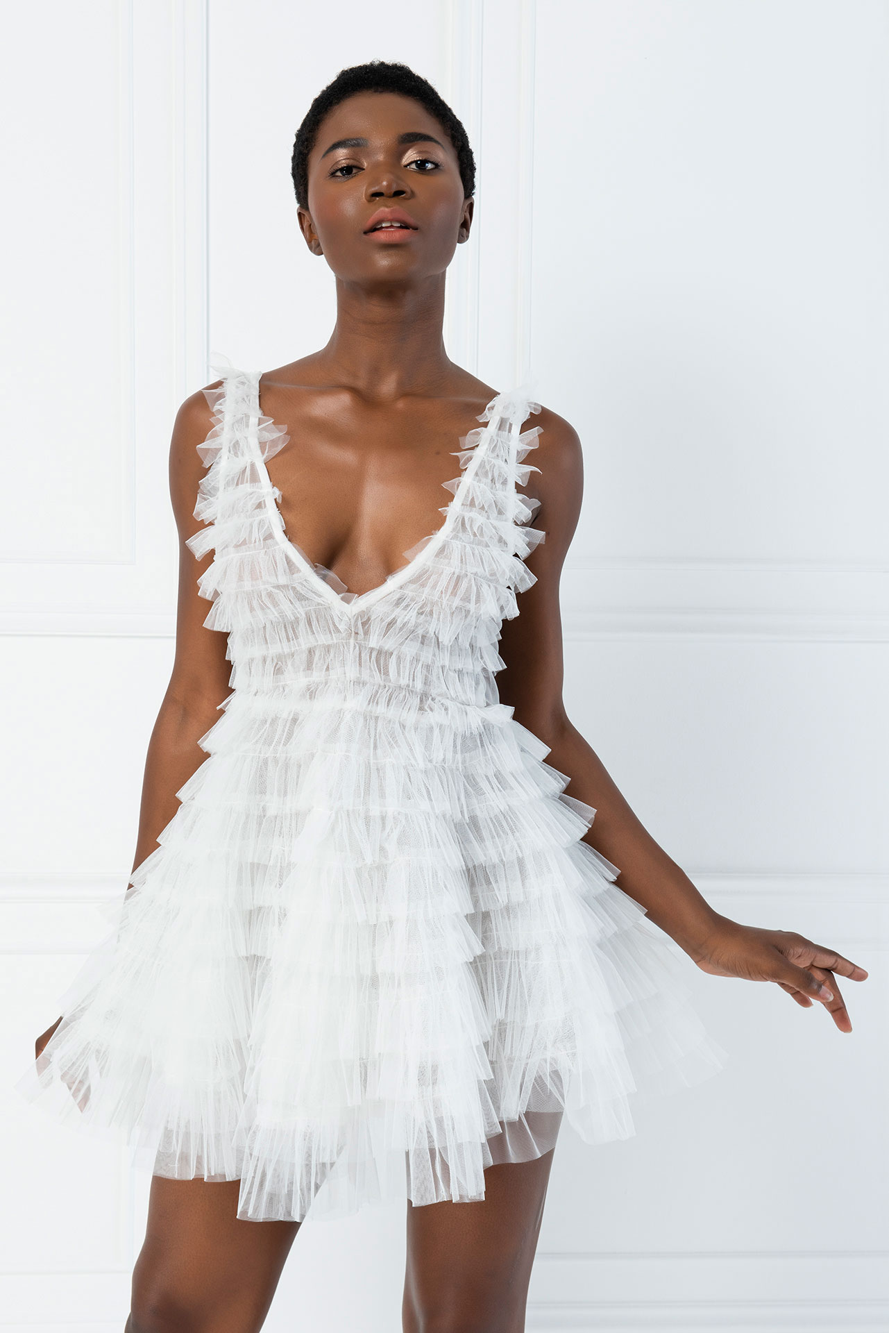 Wholesale Offwhite Tiered Ruffle Plunging Tulle Mini Dress