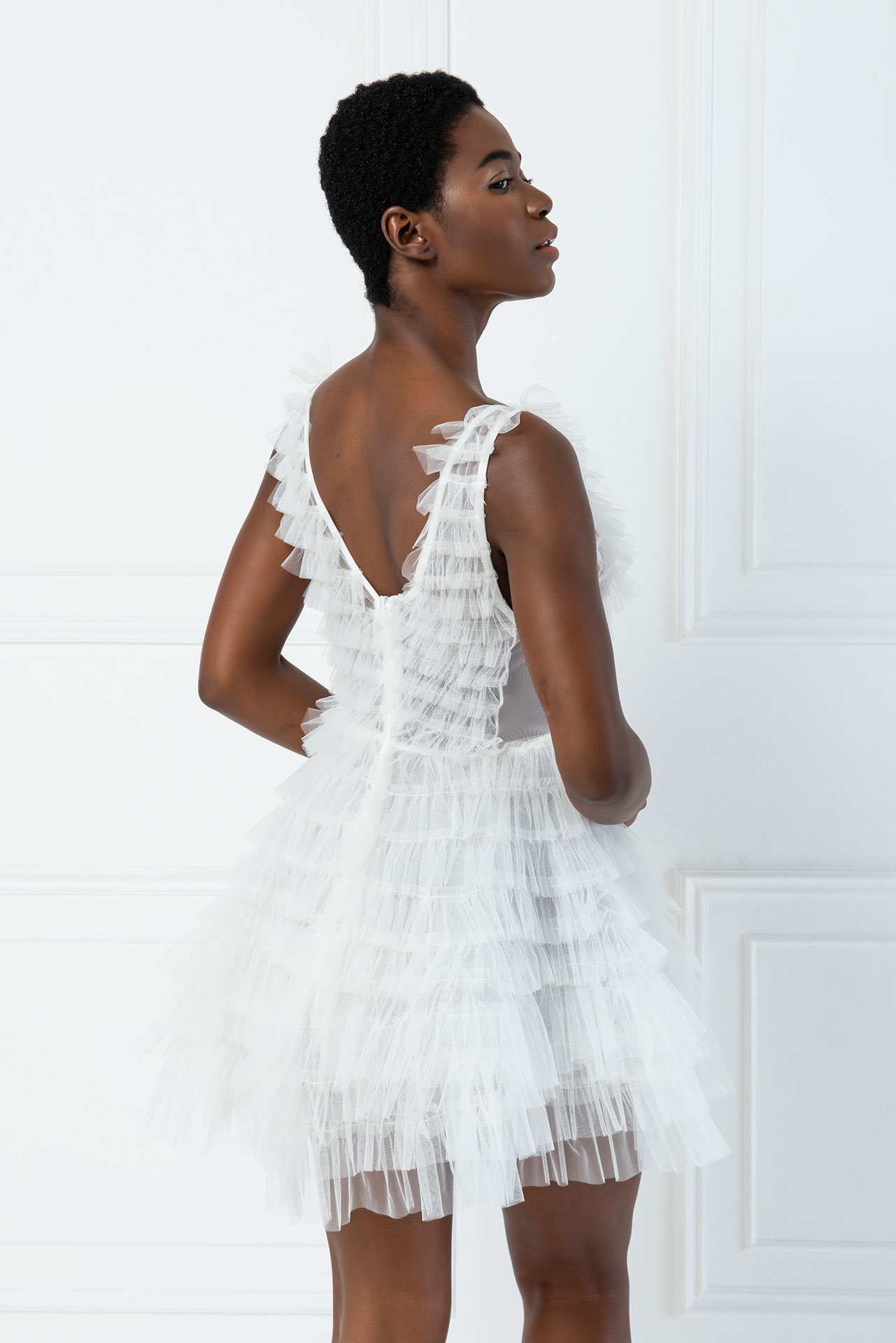 Wholesale Offwhite Tiered Ruffle Plunging Tulle Mini Dress