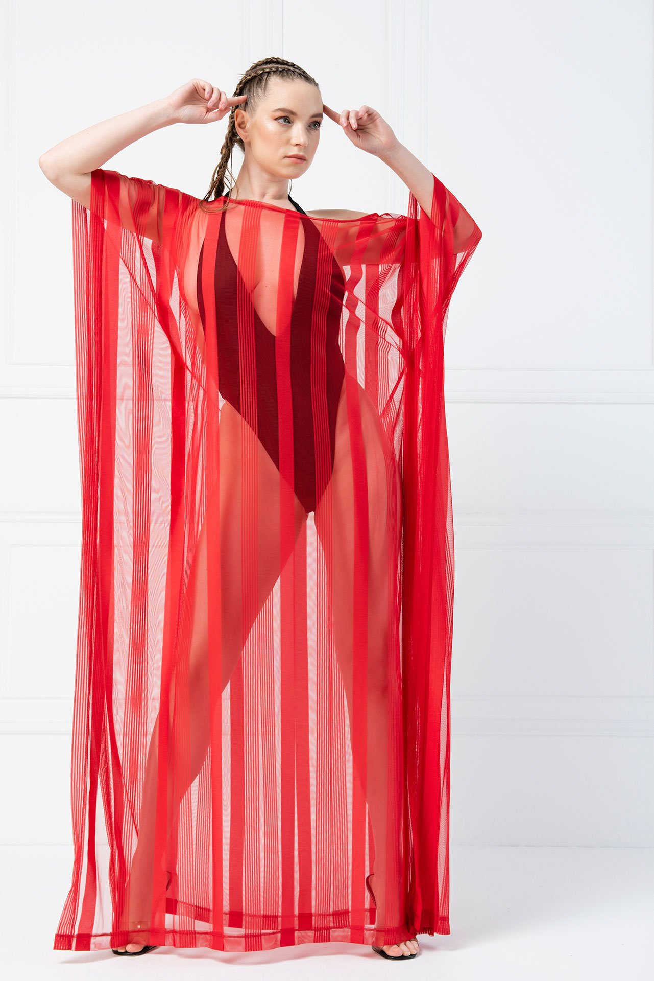 Wholesale Sheer Shadow-Stripe Maxi Tunic in Red