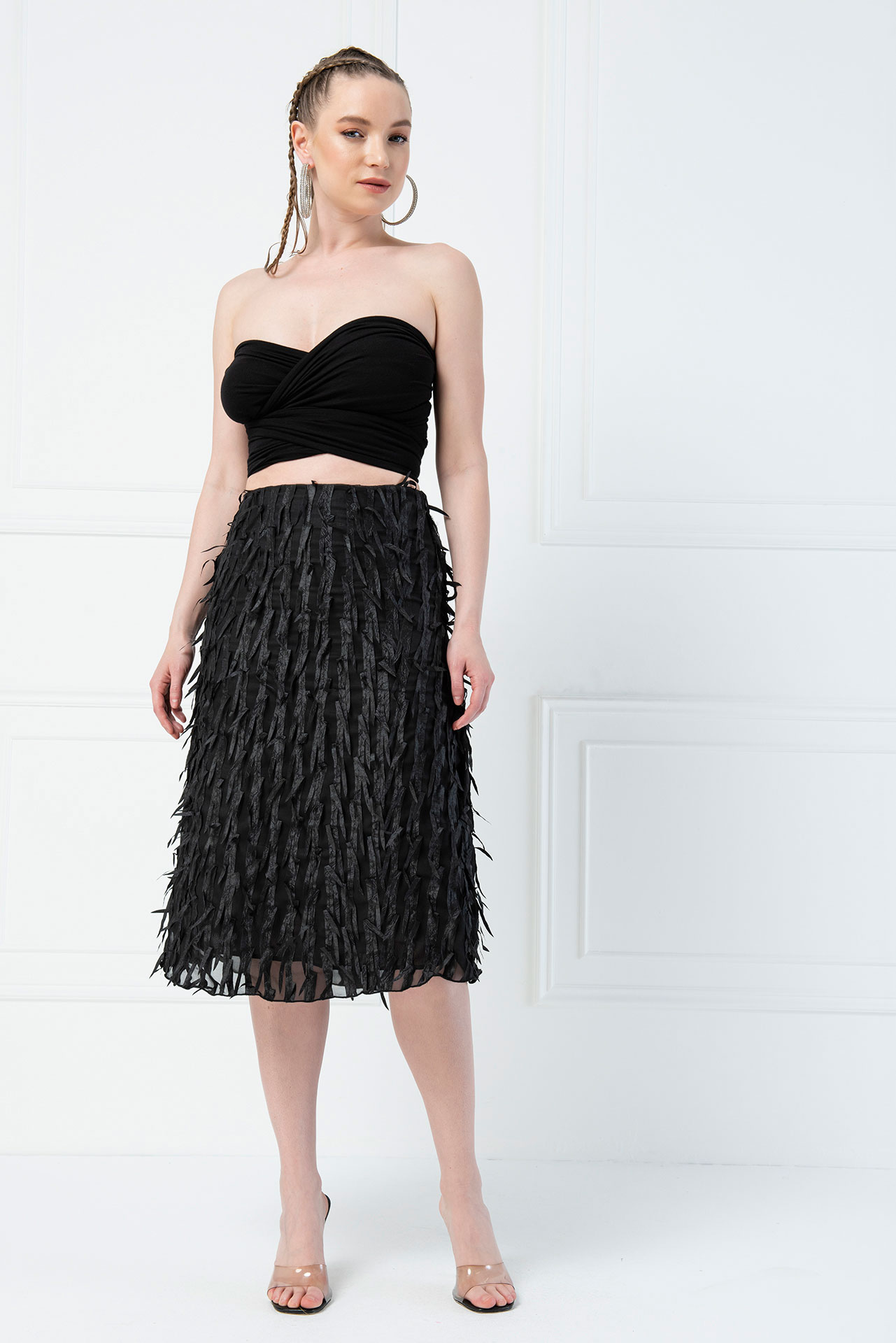 Tasseled Chiffon Black Skirt