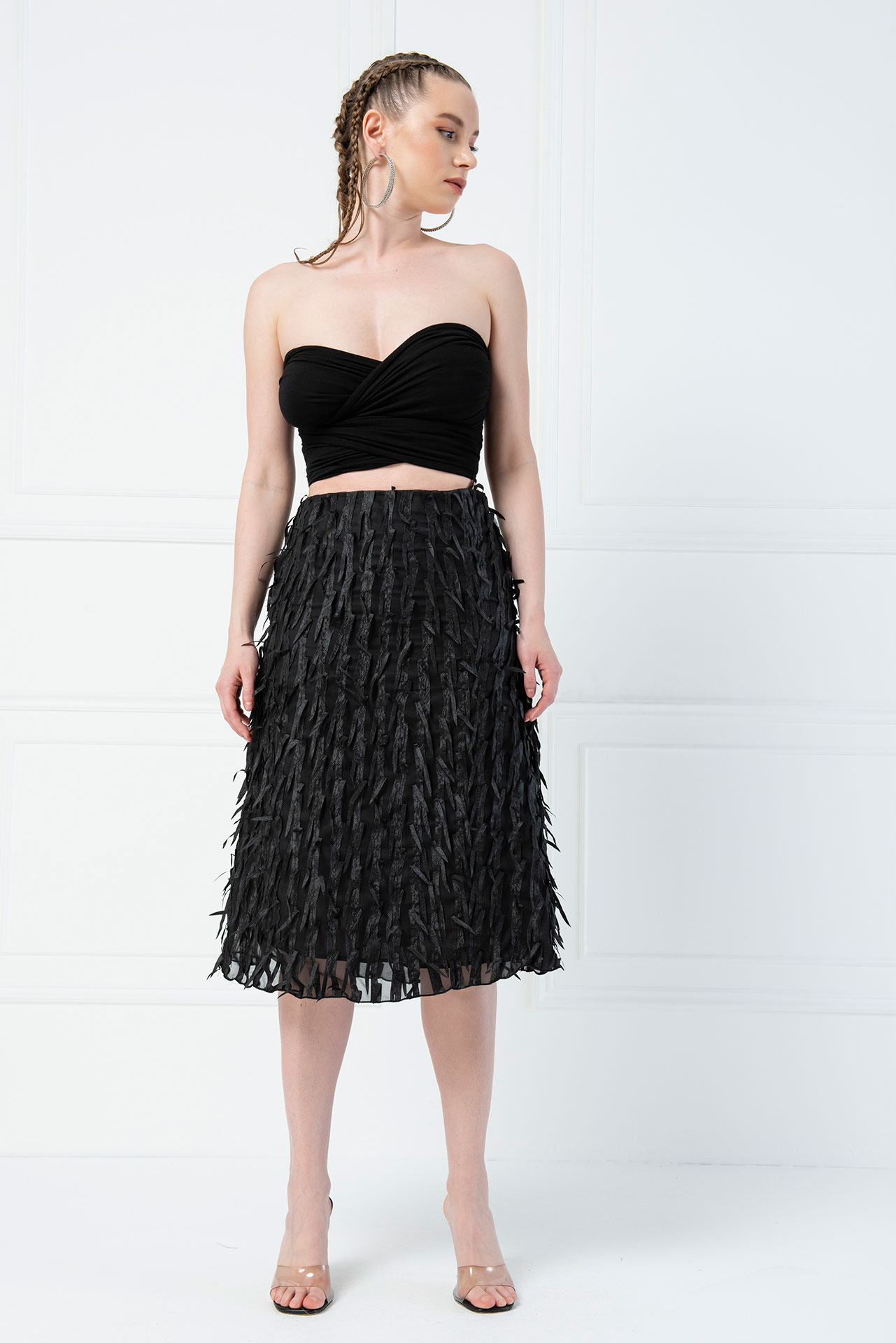 Tasseled Chiffon Black Skirt