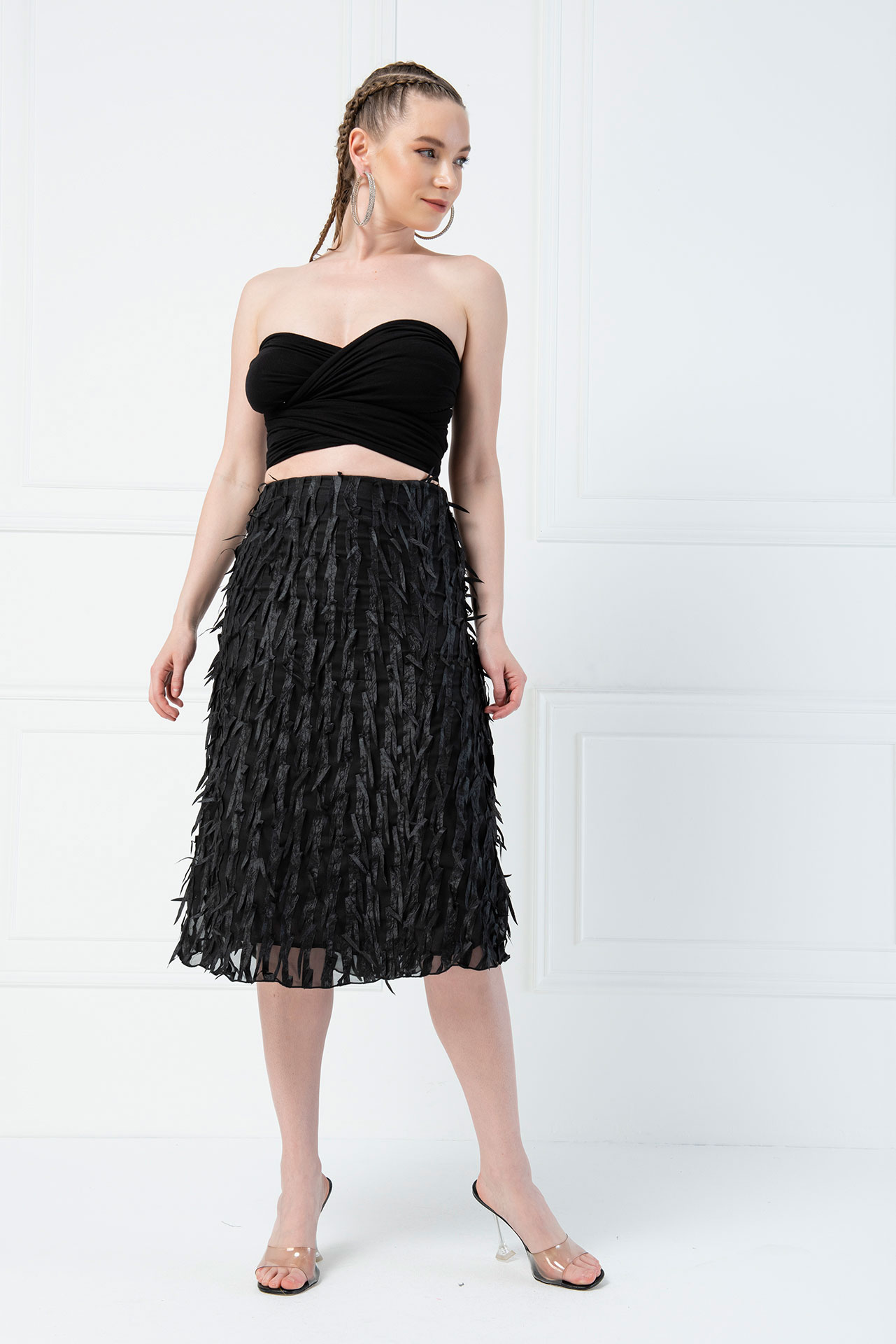 Tasseled Chiffon Black Skirt