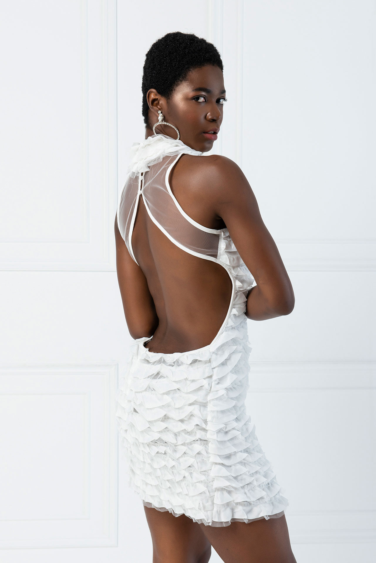 Offwhite Backless Ruffle-Trim Mini Dress
