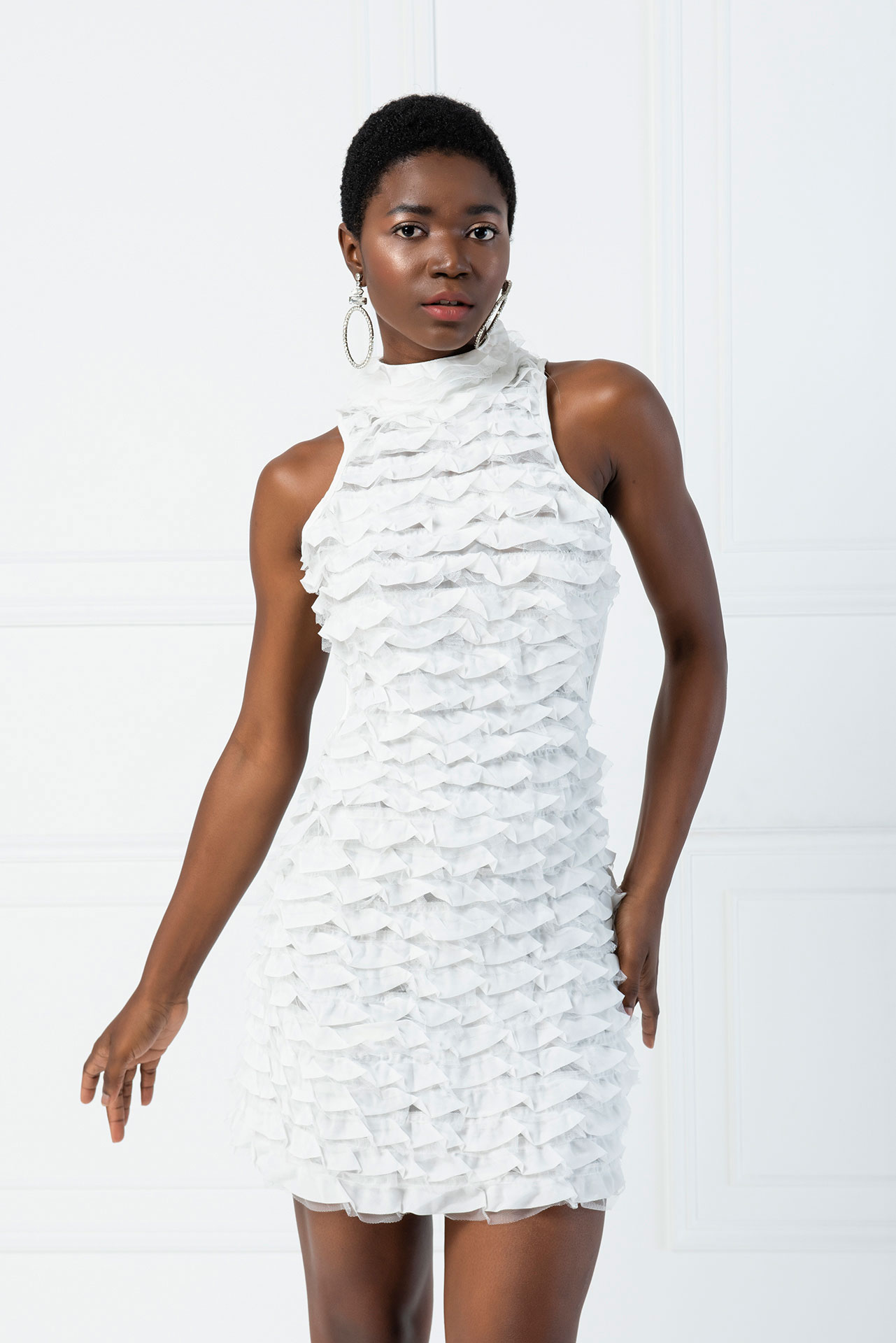Wholesale Offwhite Backless Ruffle-Trim Mini Dress