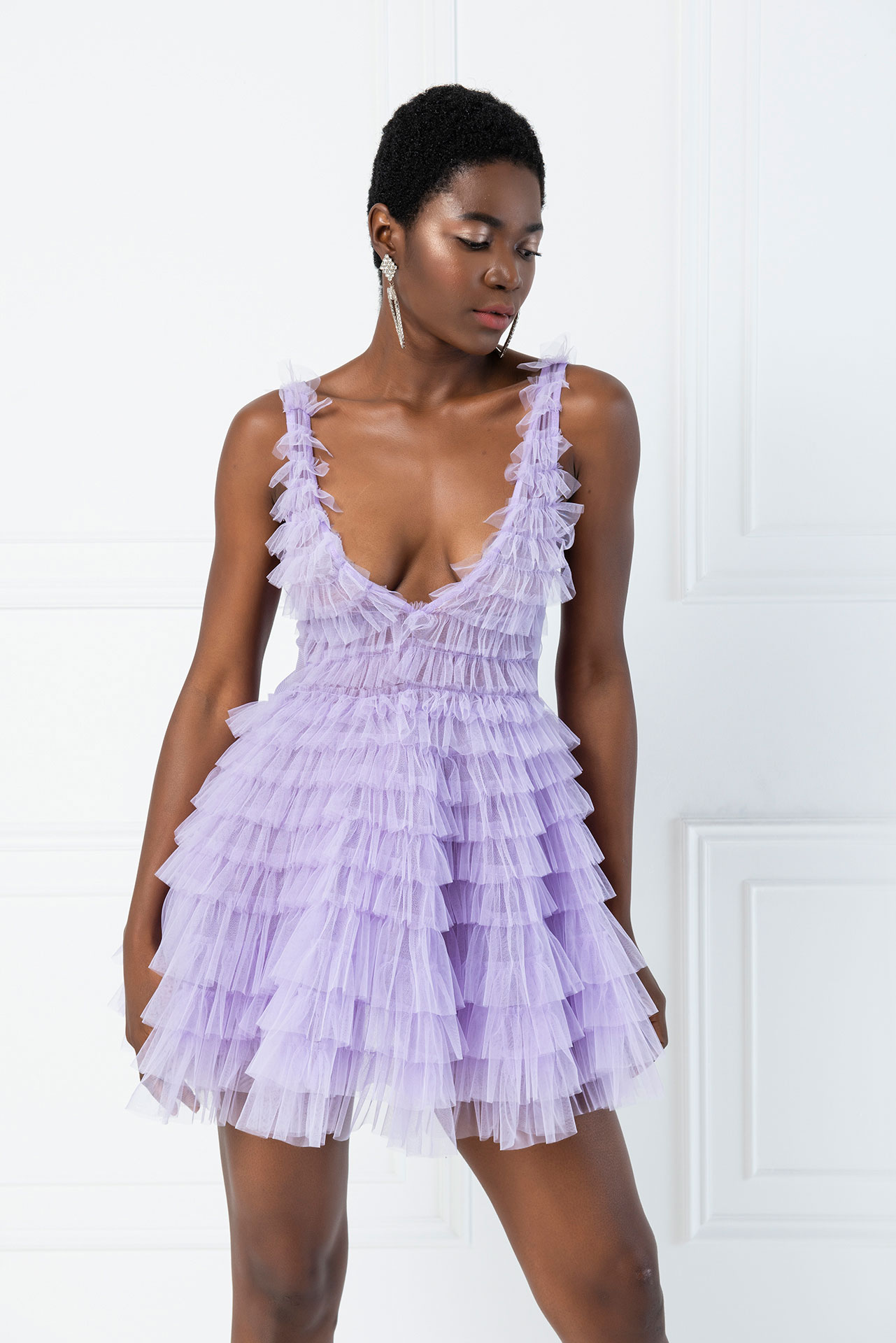 Lilac Tiered Ruffle Plunging Tulle Mini Dress