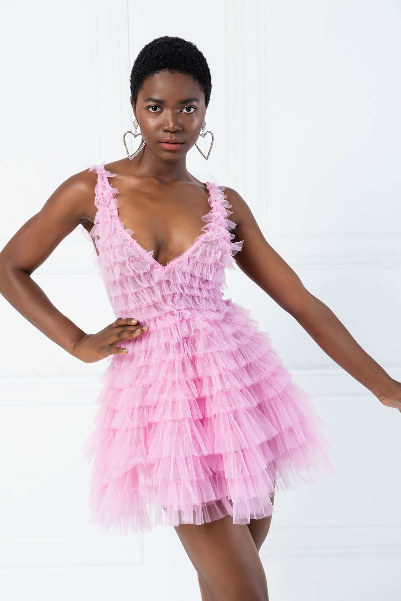 New Pink Tiered Ruffle Plunging Tulle Mini Dress