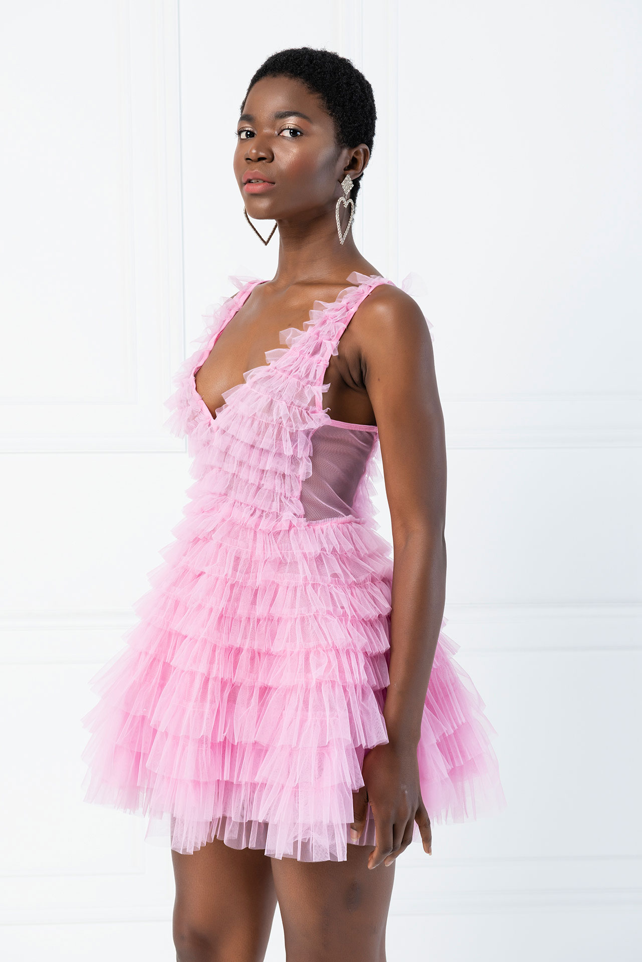 Wholesale New Pink Tiered Ruffle Plunging Tulle Mini Dress