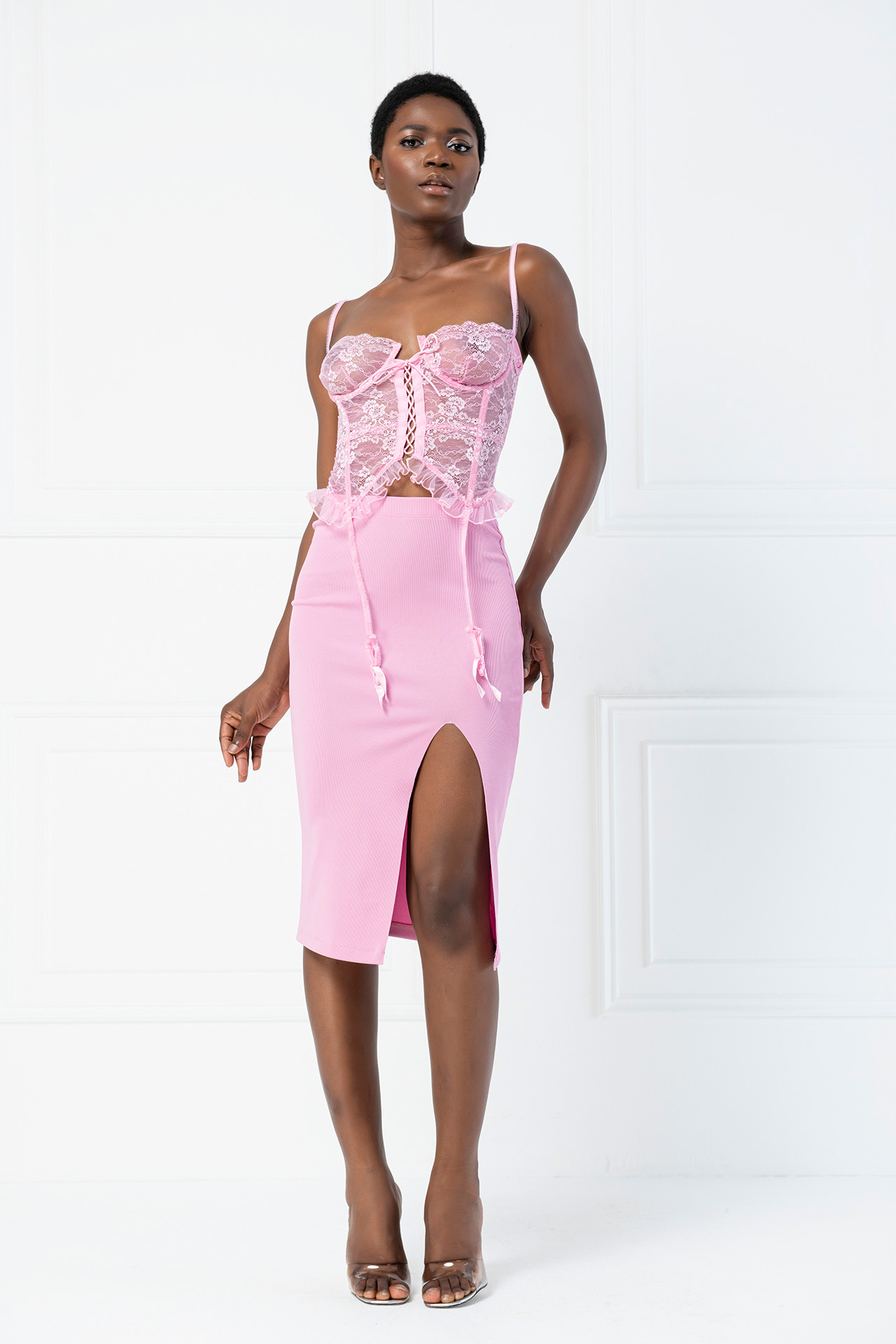 Wholesale New Pink Split-Front Bodycon Midi Skirt