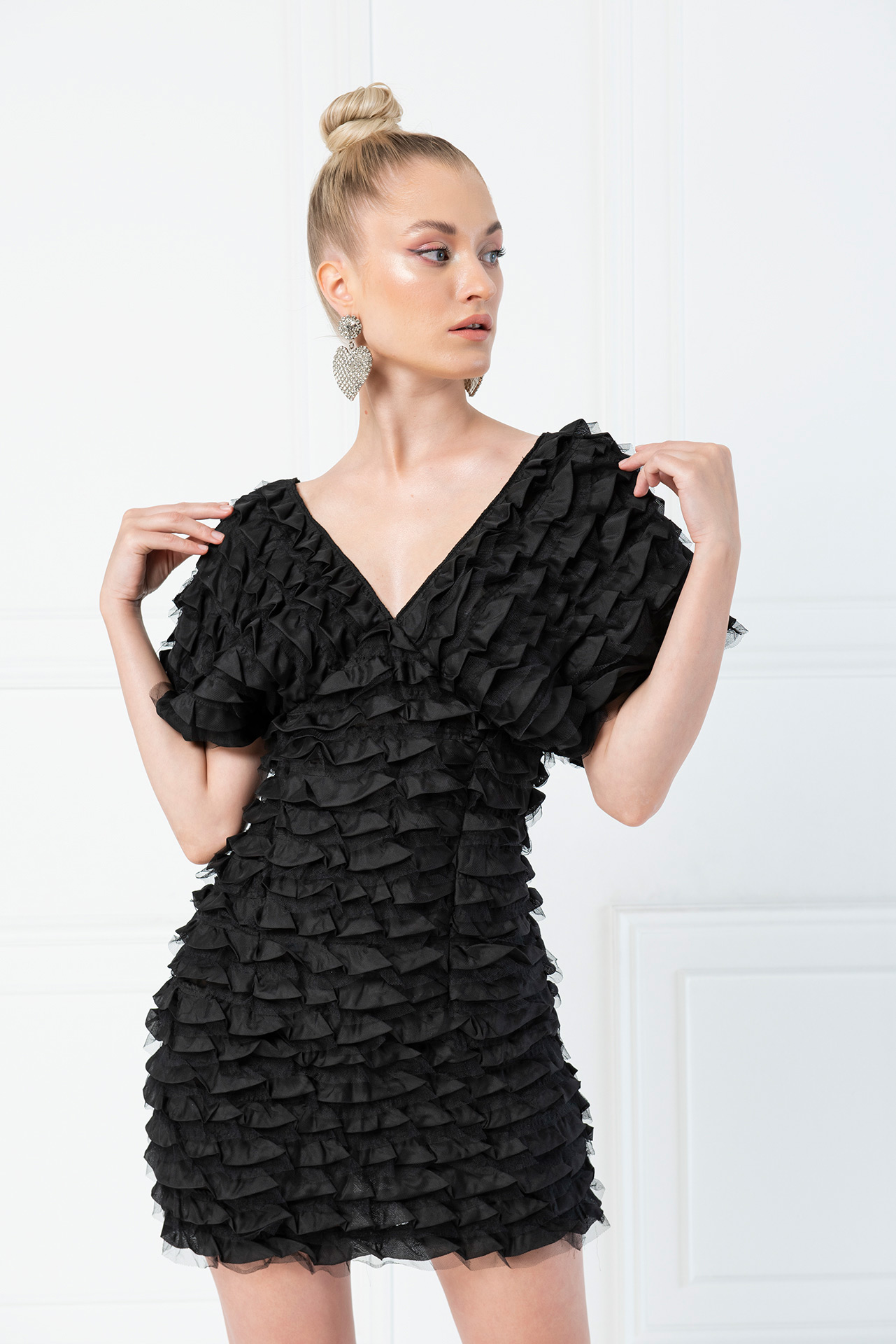 Ruffle V Neck Black Mini Dress