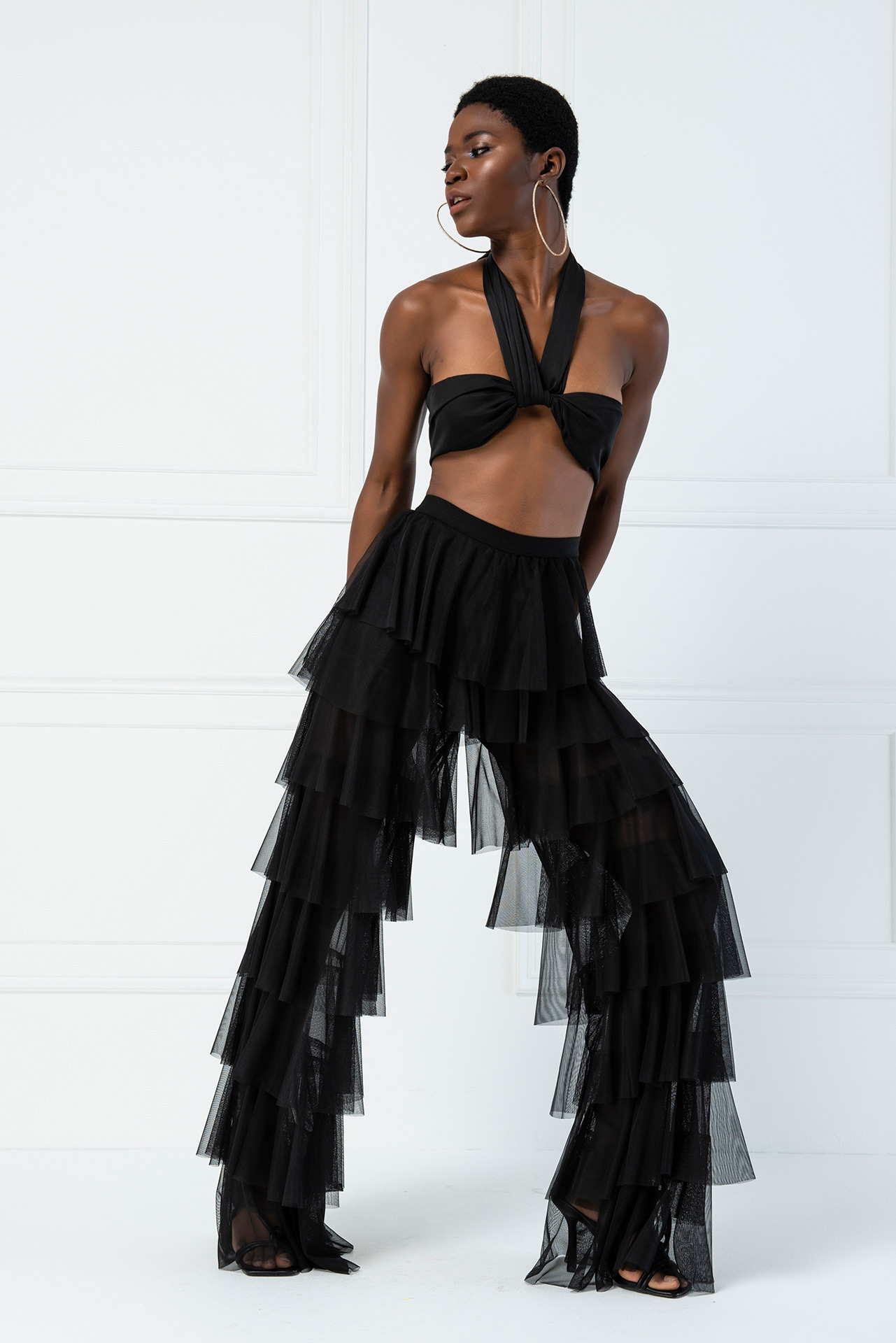 Wholesale Tiered Tulle Pants in Black