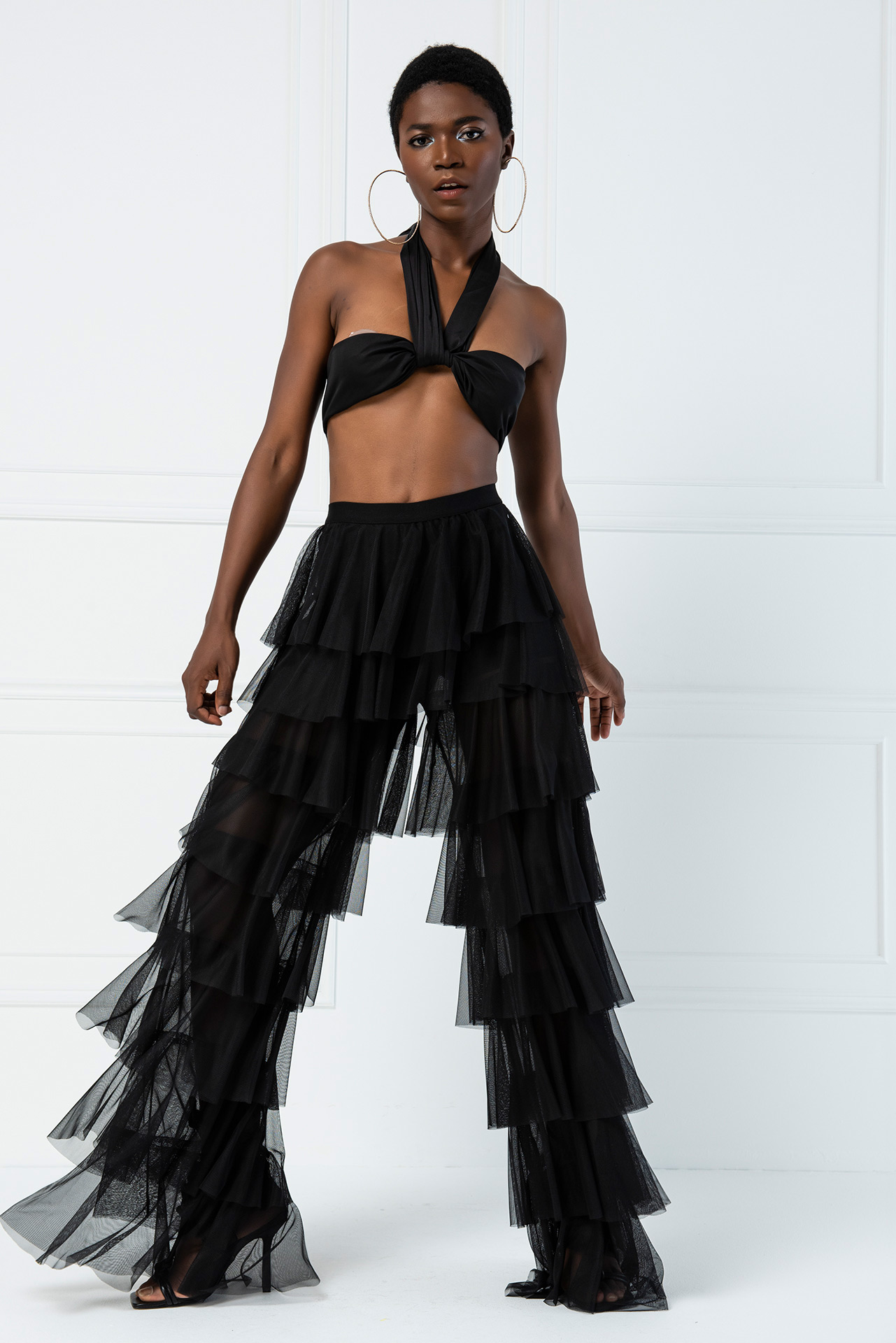 Wholesale Tiered Tulle Pants in Black