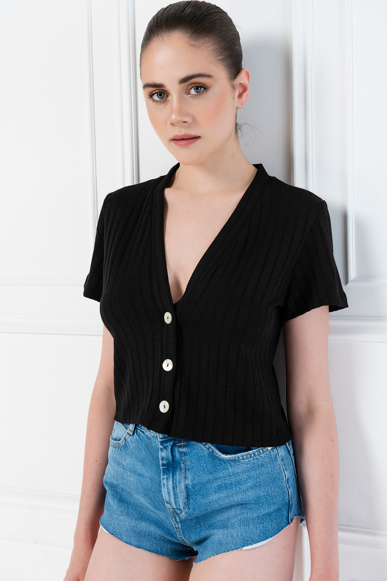 Button-Front V Neck Black Top