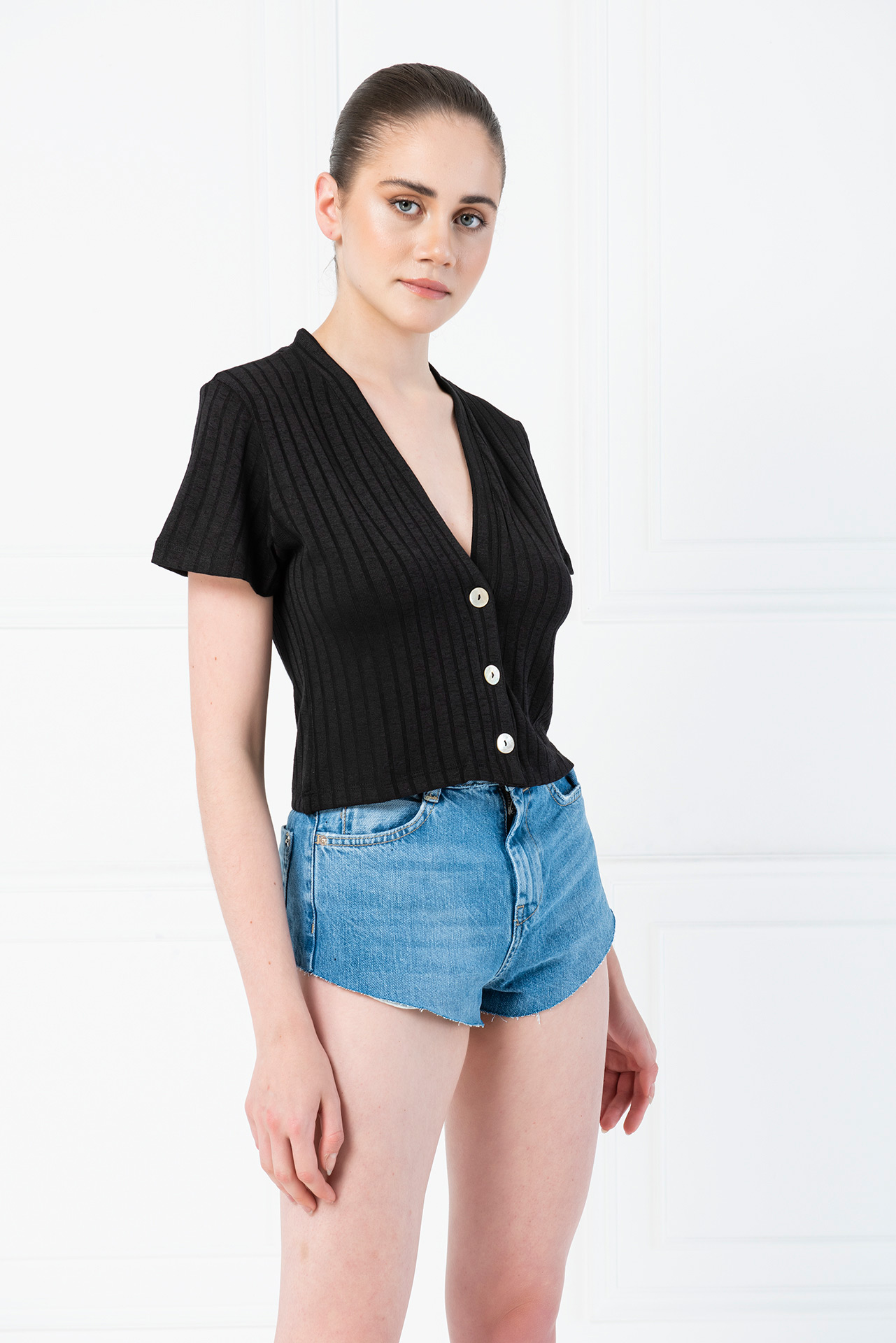 Button-Front V Neck Black Top