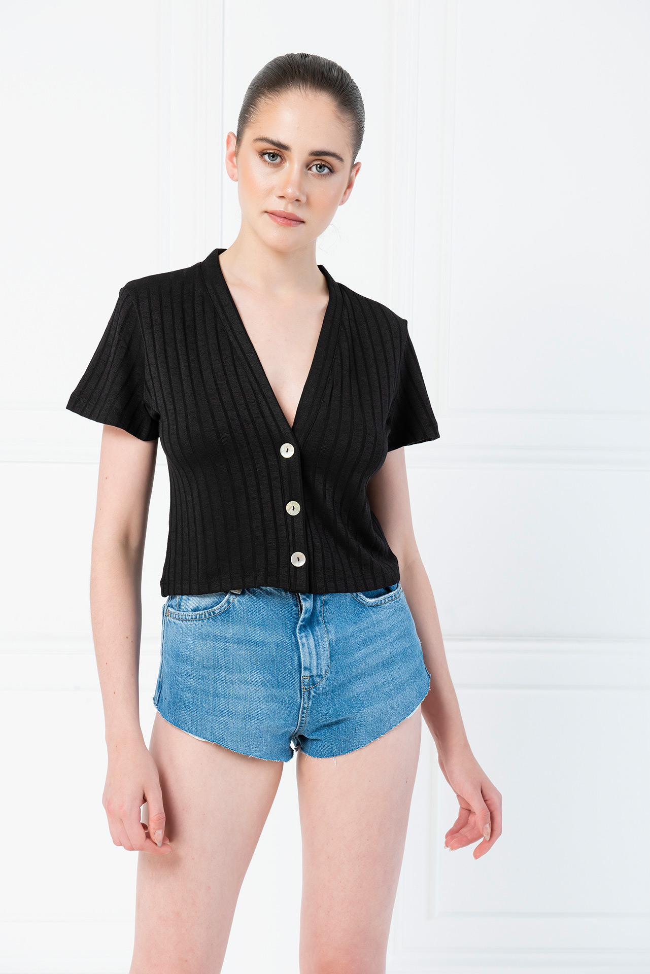 Button-Front V Neck Black Top