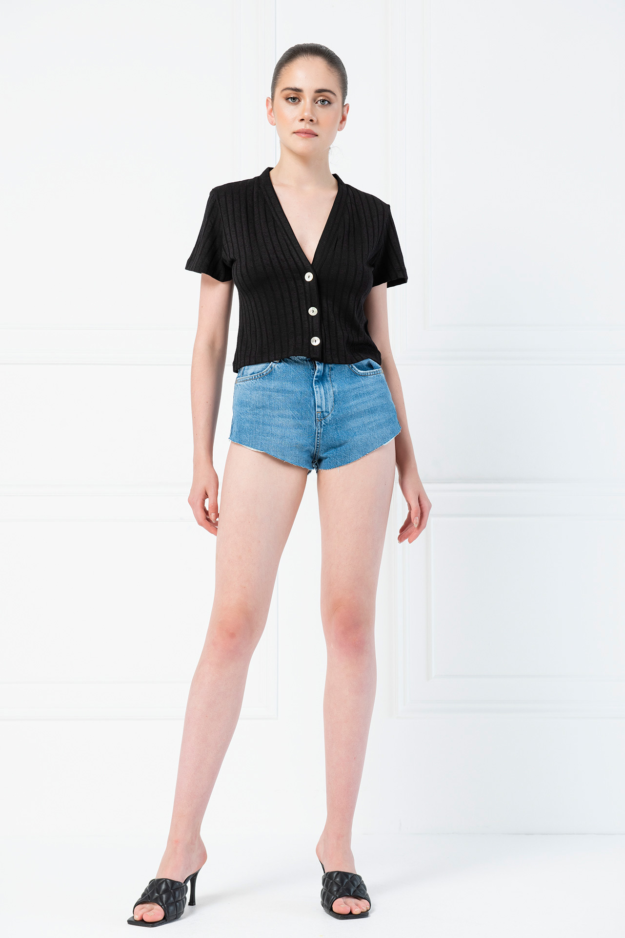 Button-Front V Neck Black Top