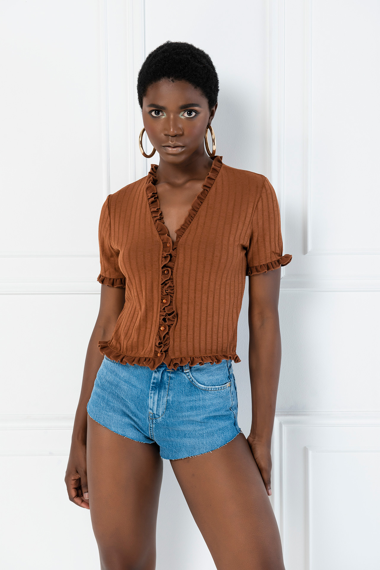 Taba Ruffle-Trim Short Sleeve Cardigan