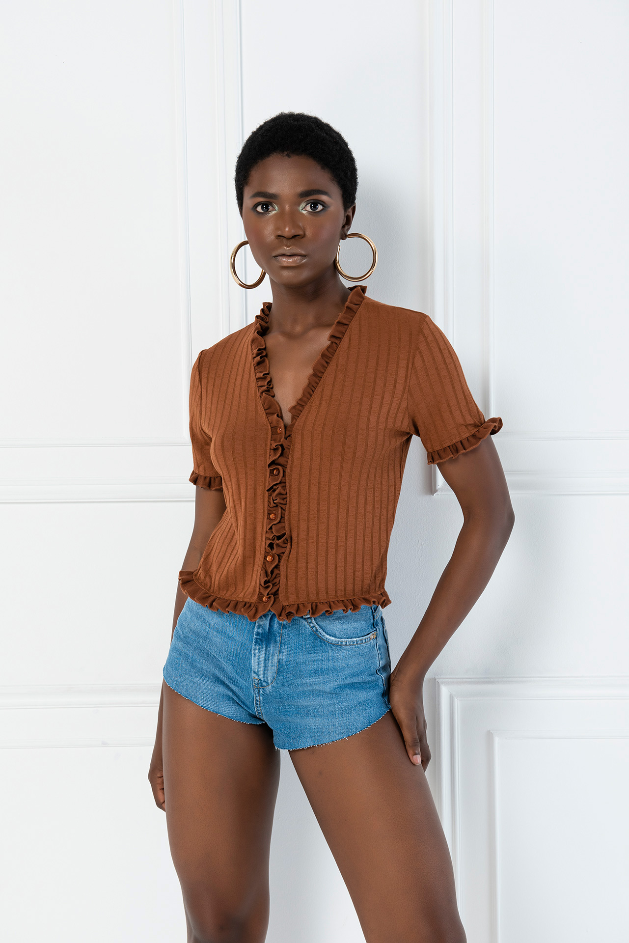 Taba Ruffle-Trim Short Sleeve Cardigan