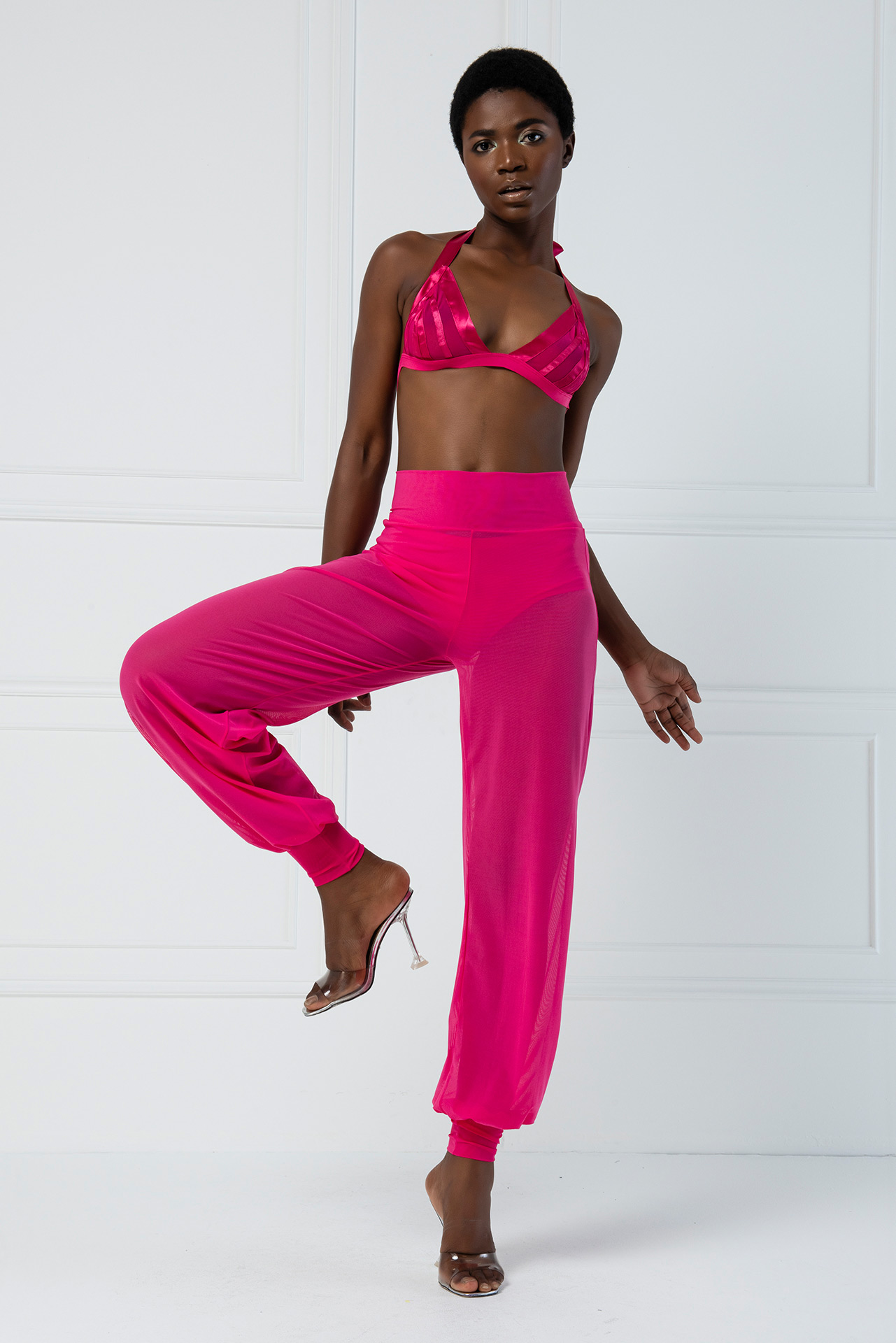 High Waist Fuchsia Sheer Pants