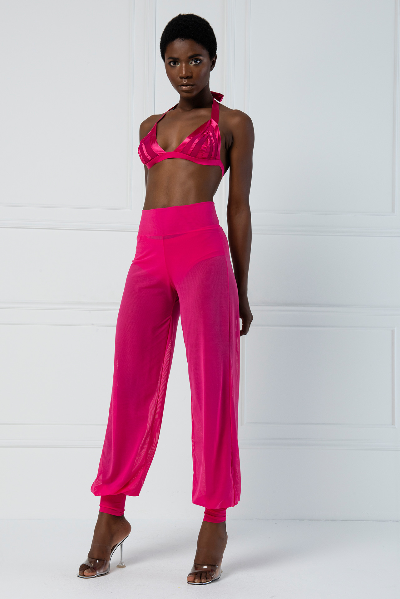 High Waist Fuchsia Sheer Pants