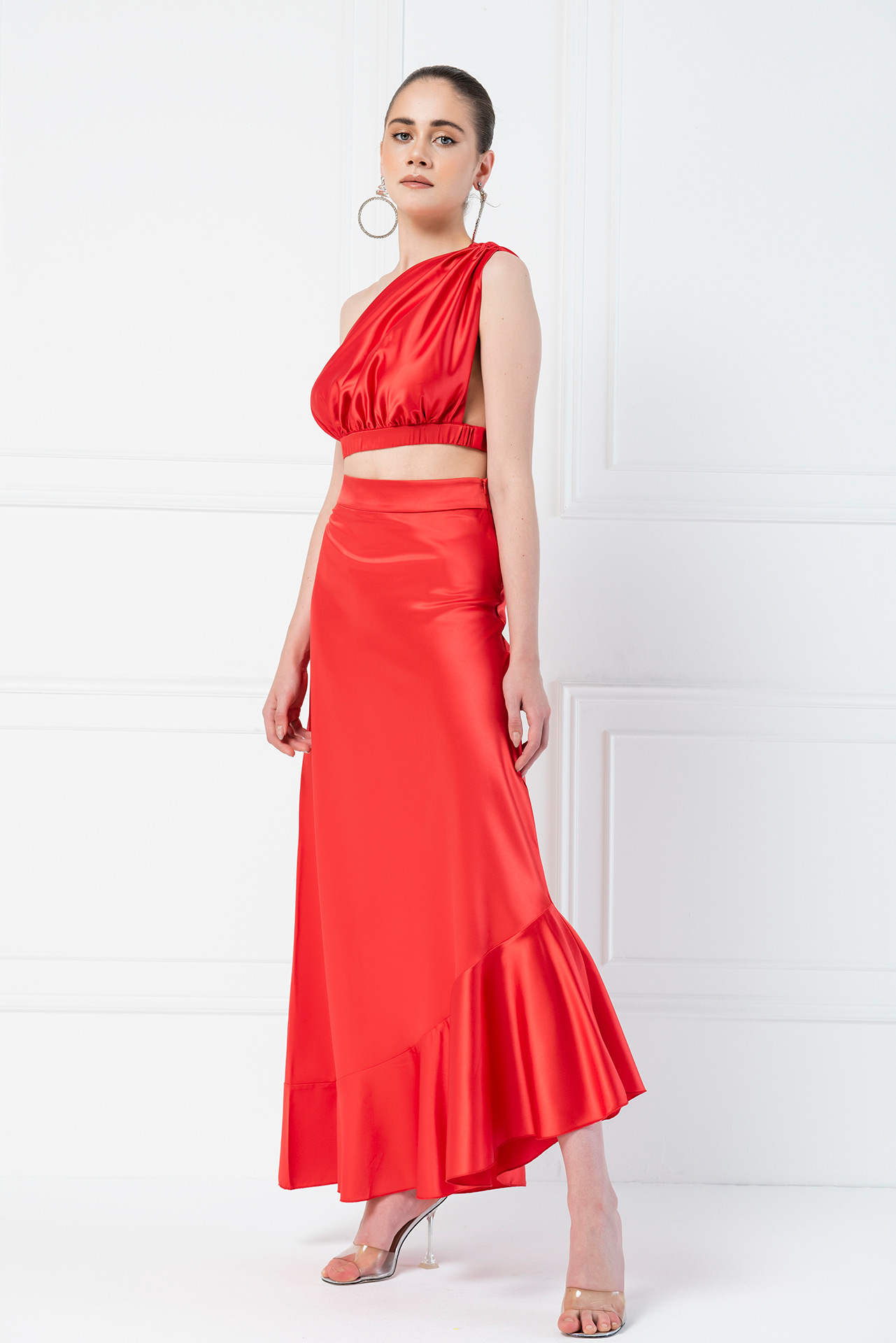 Wholesale Red Satin Asymmetric Ruffle Skirt
