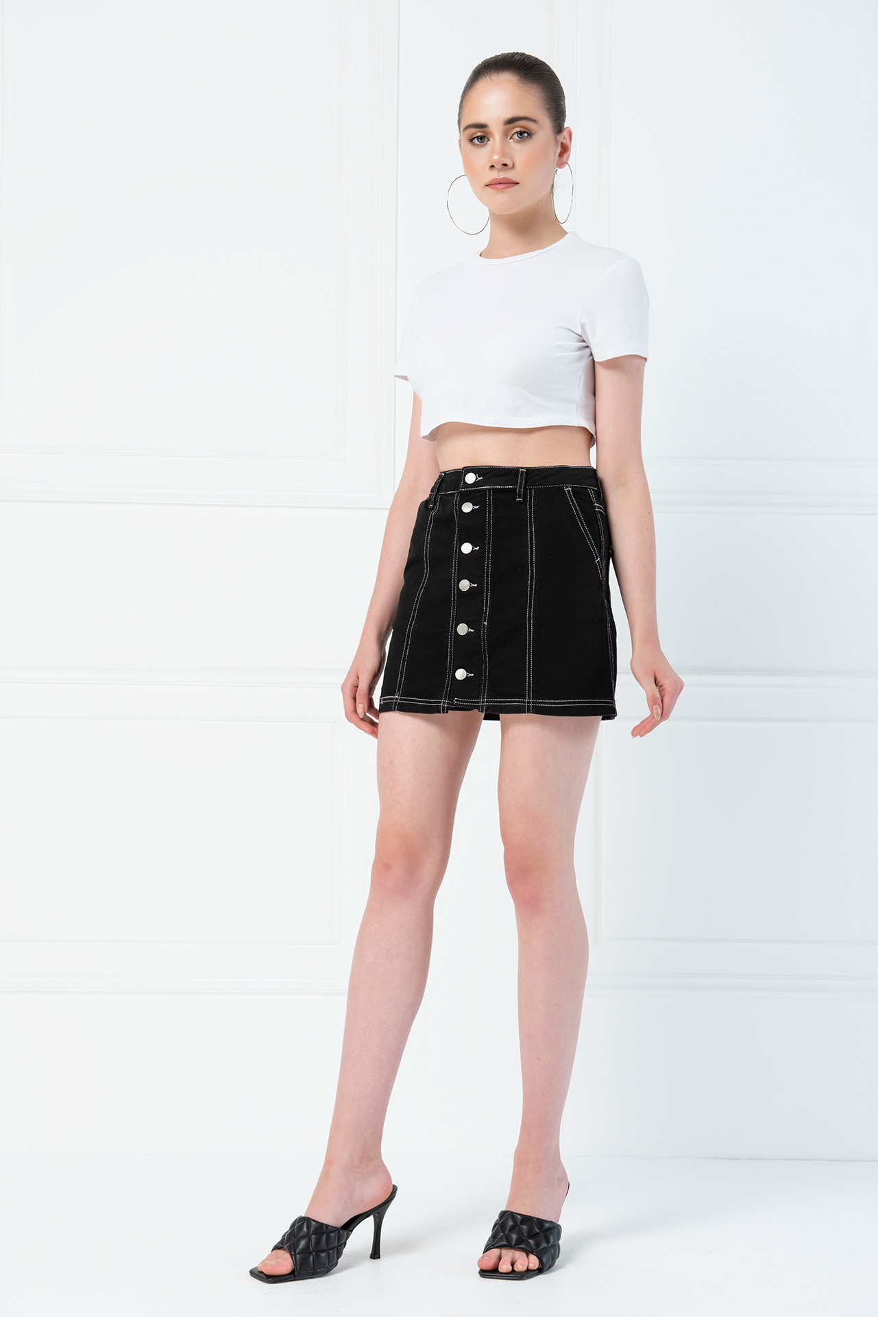 Contrast Stitch Black Denim Mini Skirt