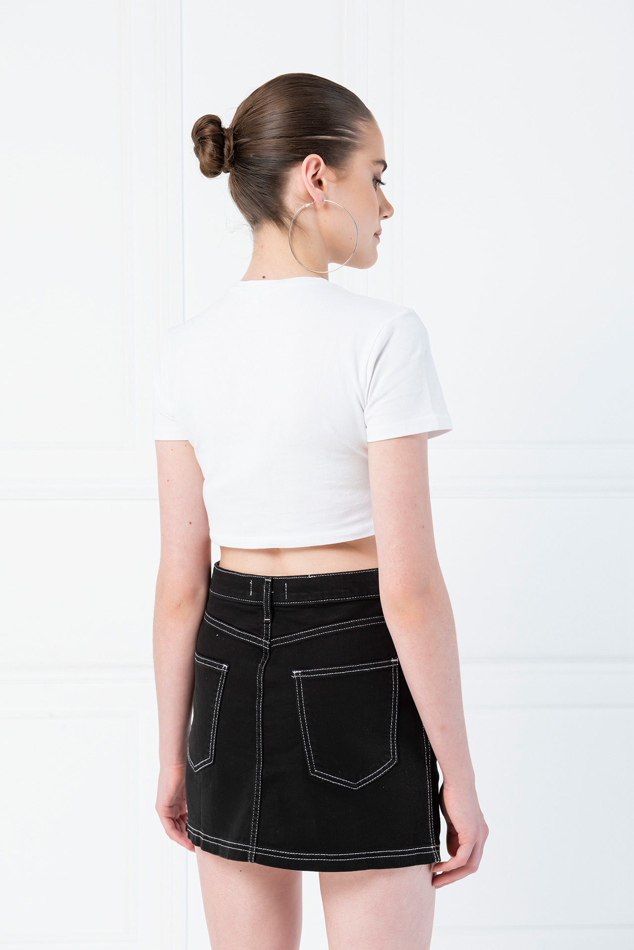 Contrast Stitch Black Denim Mini Skirt