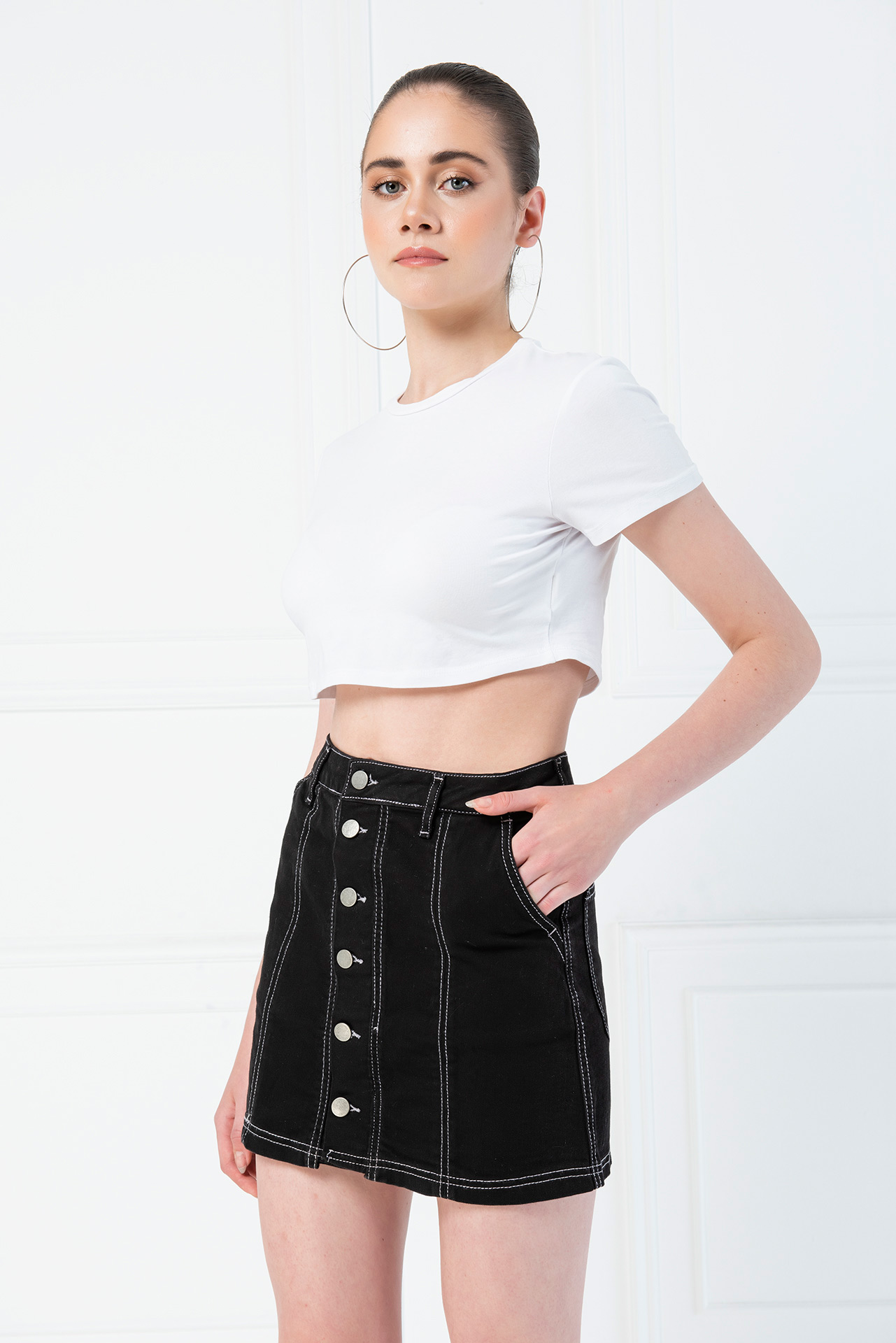 Contrast Stitch Black Denim Mini Skirt