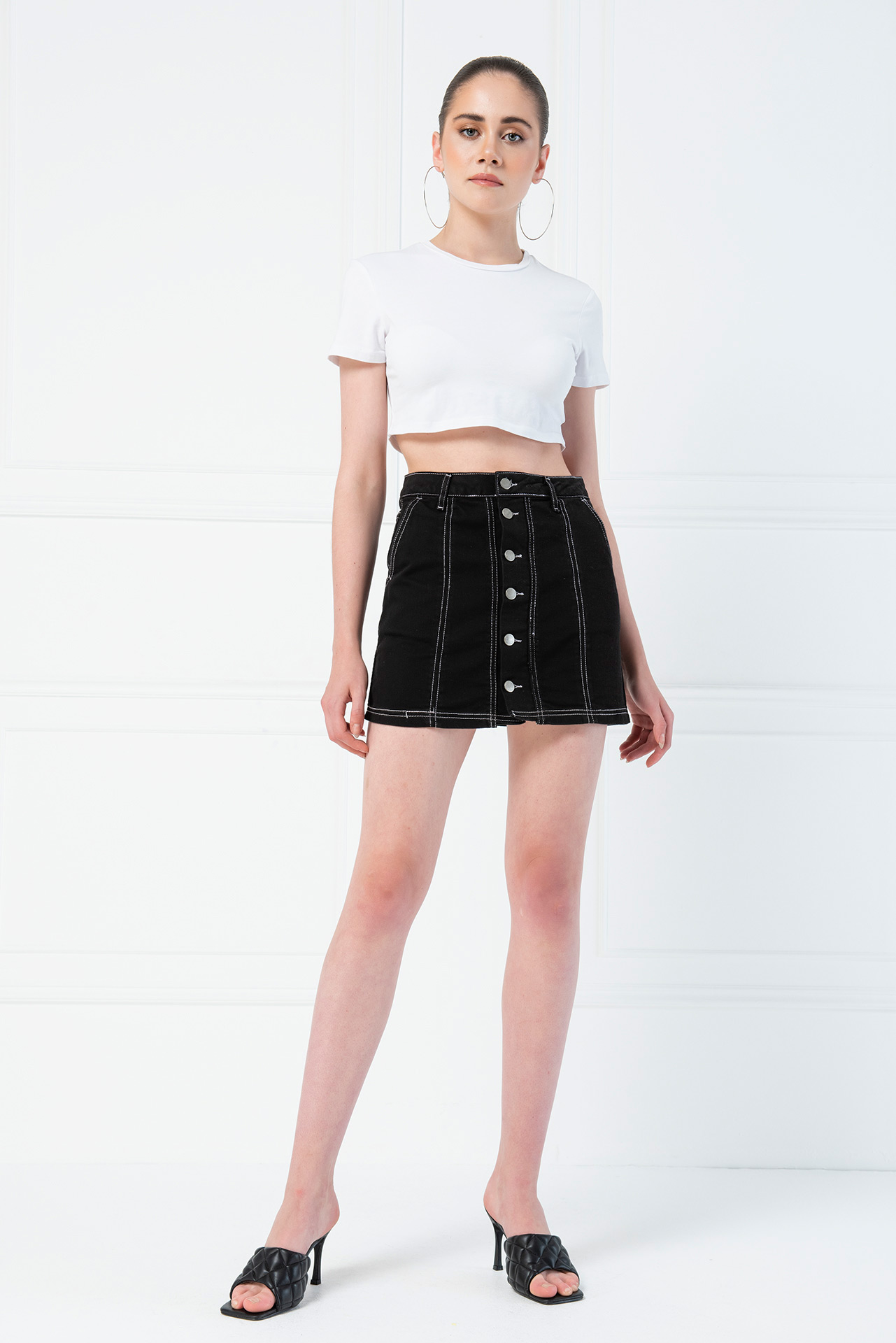 Contrast Stitch Black Denim Mini Skirt