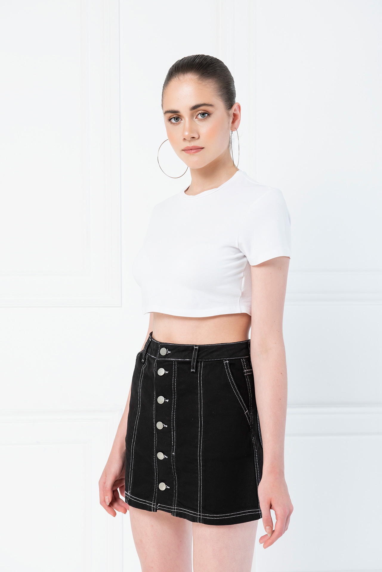 Contrast Stitch Black Denim Mini Skirt