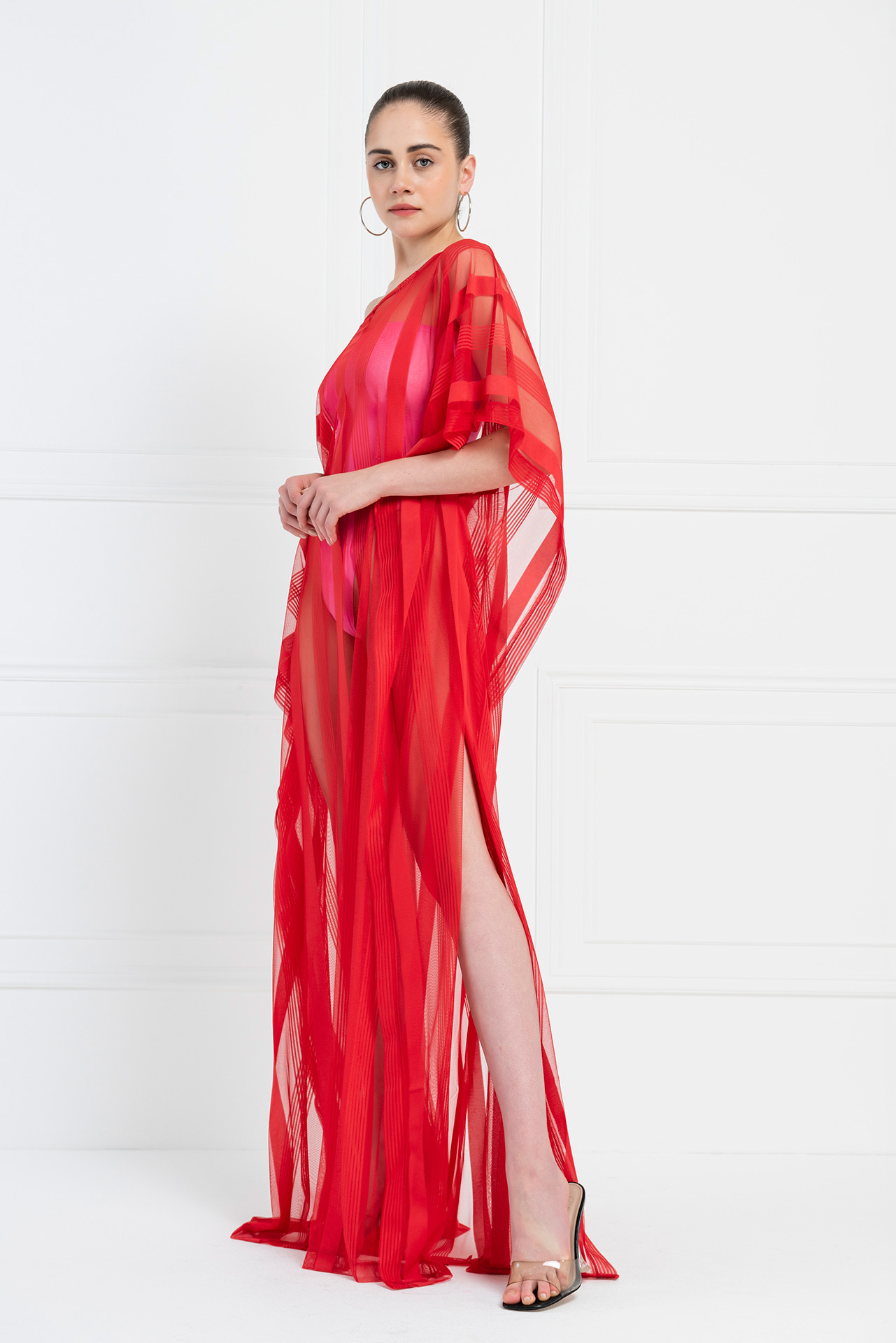 Wholesale Sheer Shadow-Stripe Maxi Tunic in Red