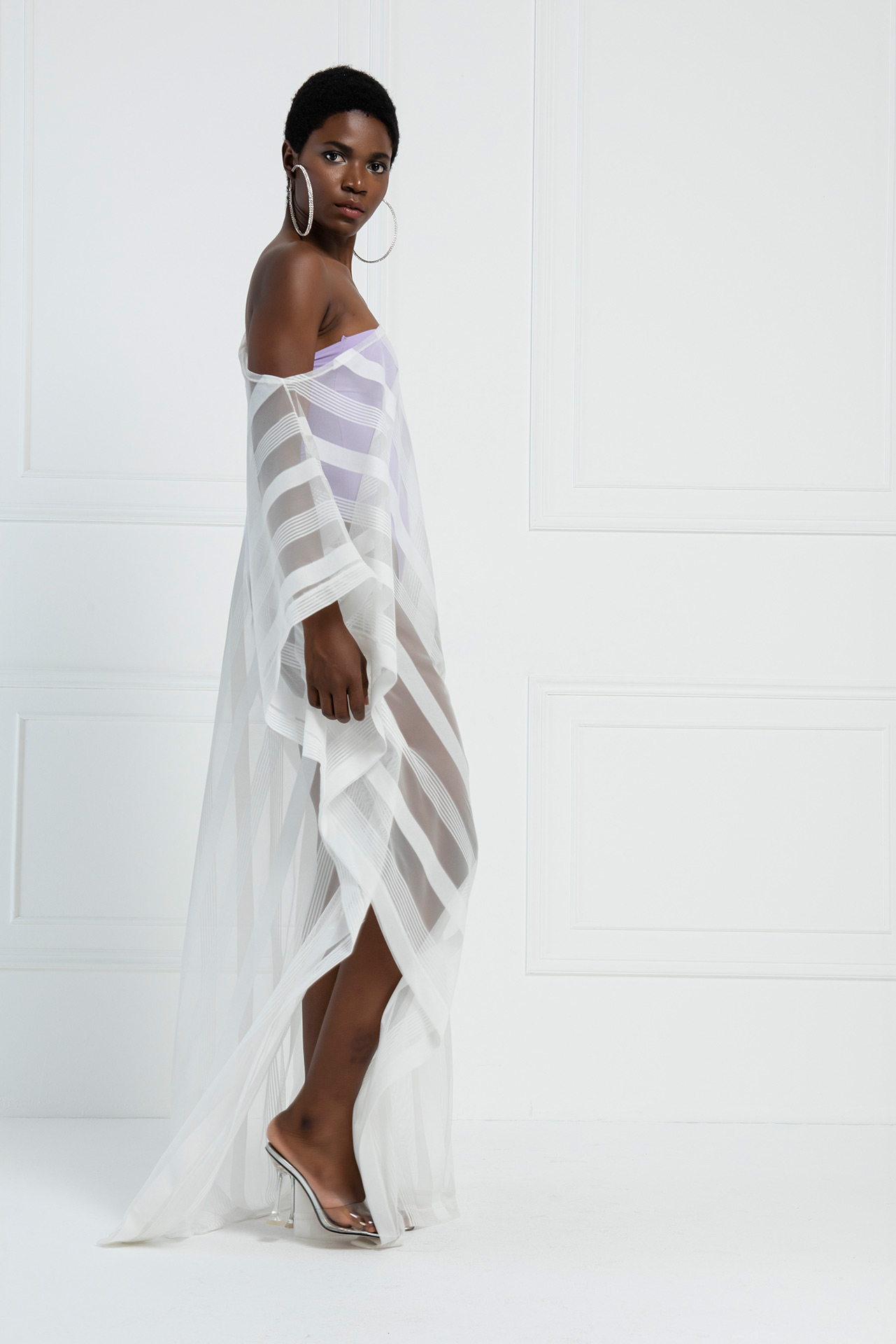 Wholesale Sheer Shadow-Stripe Maxi Tunic in Offwhite