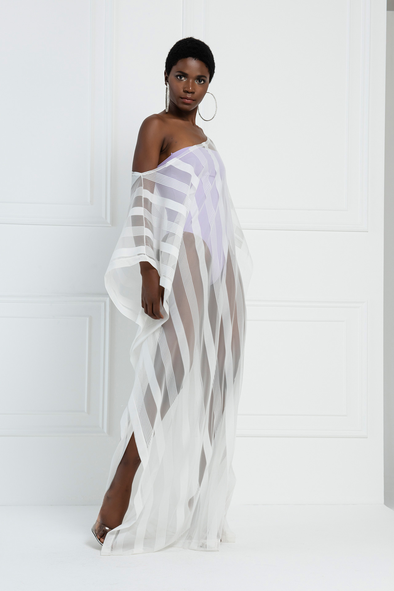 Wholesale Sheer Shadow-Stripe Maxi Tunic in Offwhite