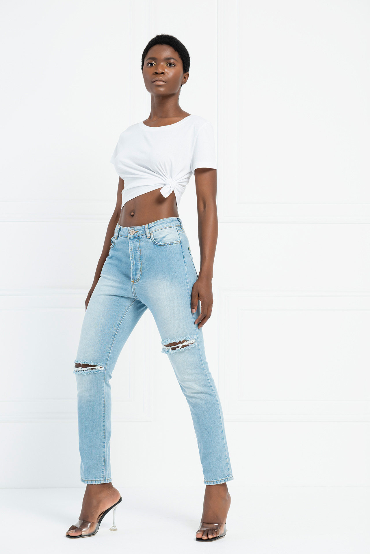 Distressed Straight-Leg Blue Jeans