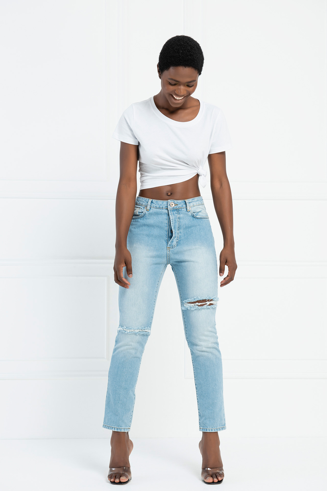 Distressed Straight-Leg Blue Jeans