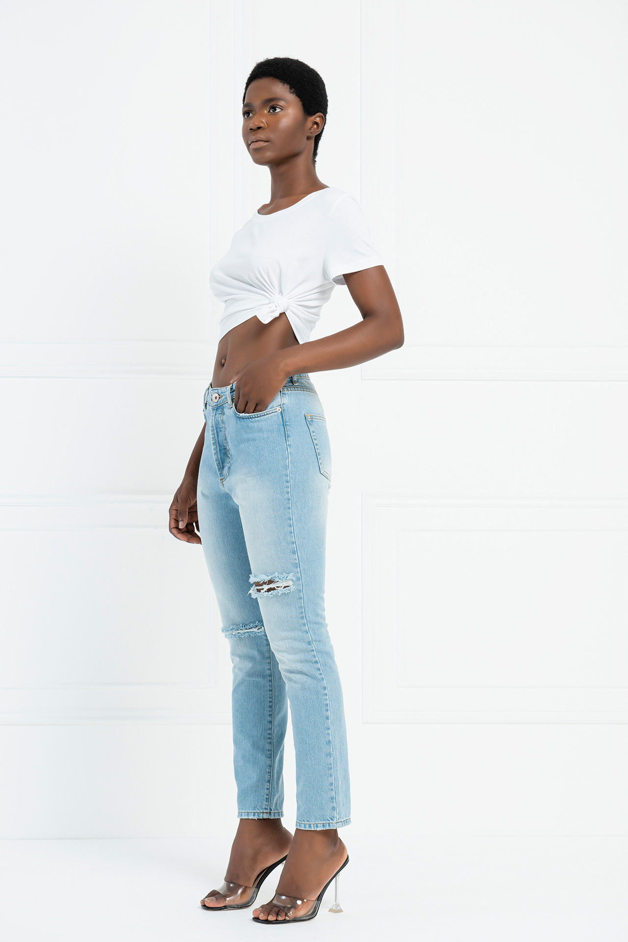 Distressed Straight-Leg Blue Jeans