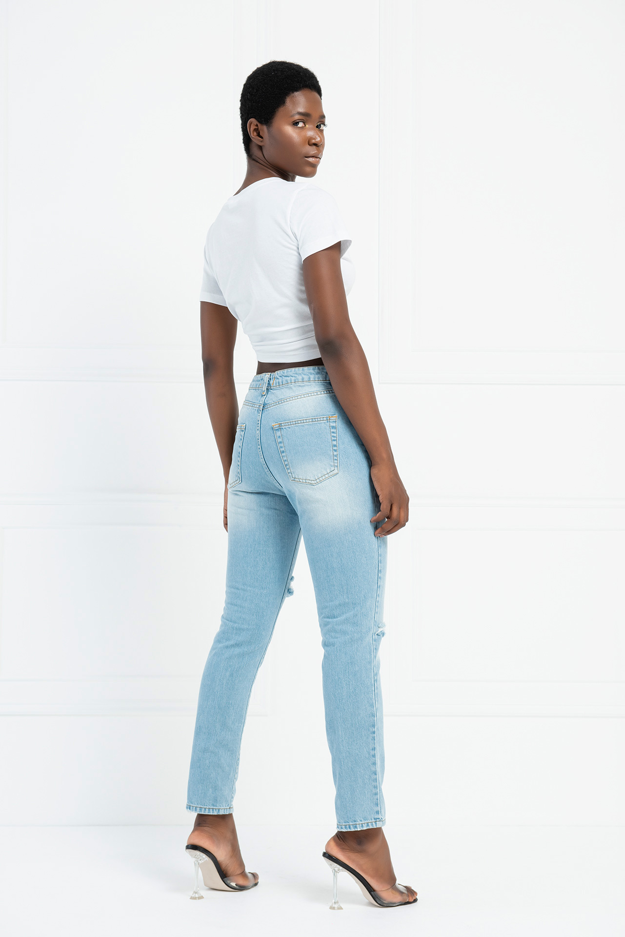 Distressed Straight-Leg Blue Jeans