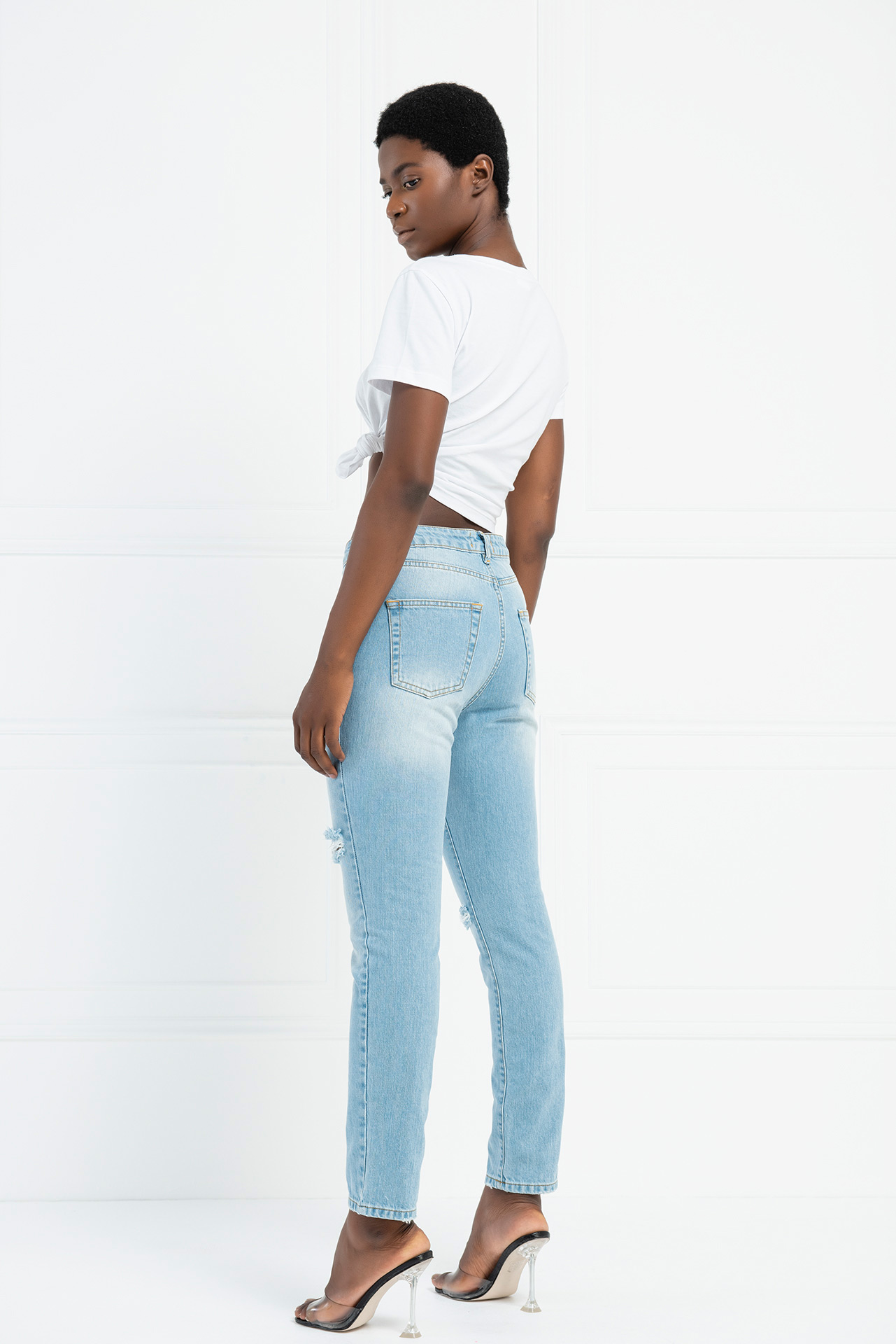 Distressed Straight-Leg Blue Jeans