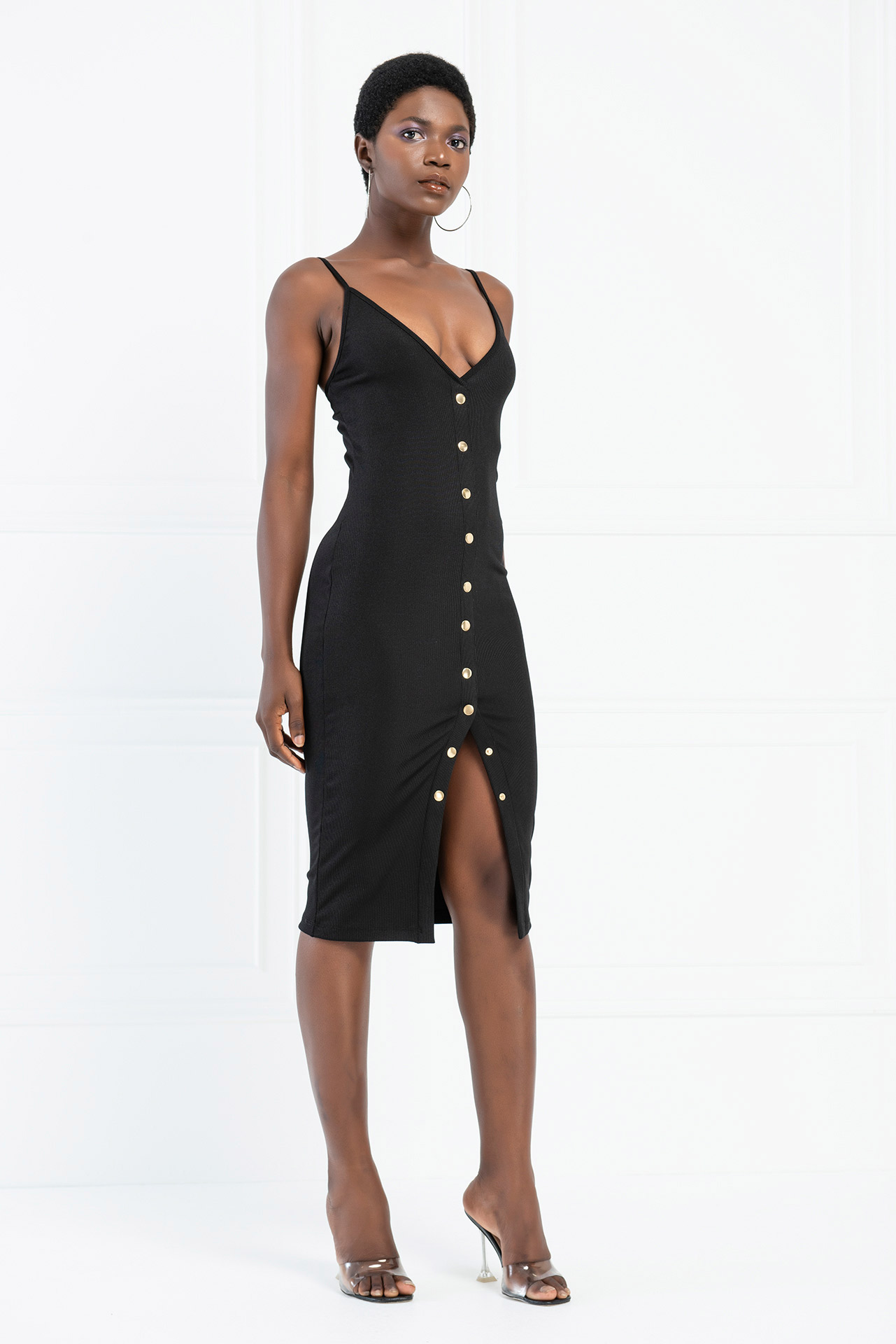 Button-Front Cami Dress in Black