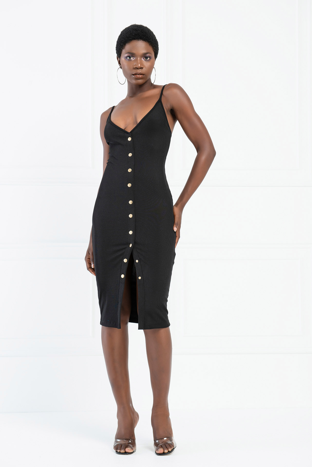 Button-Front Cami Dress in Black