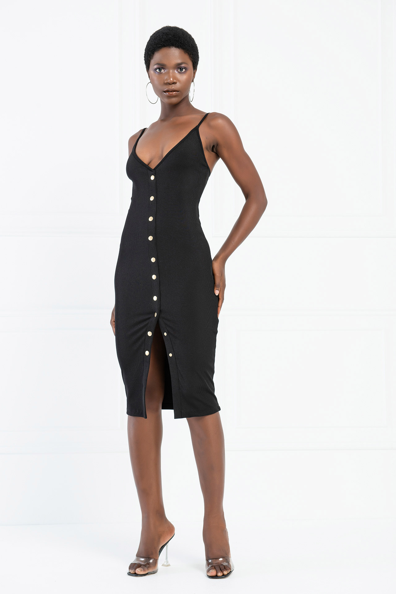 Button-Front Cami Dress in Black