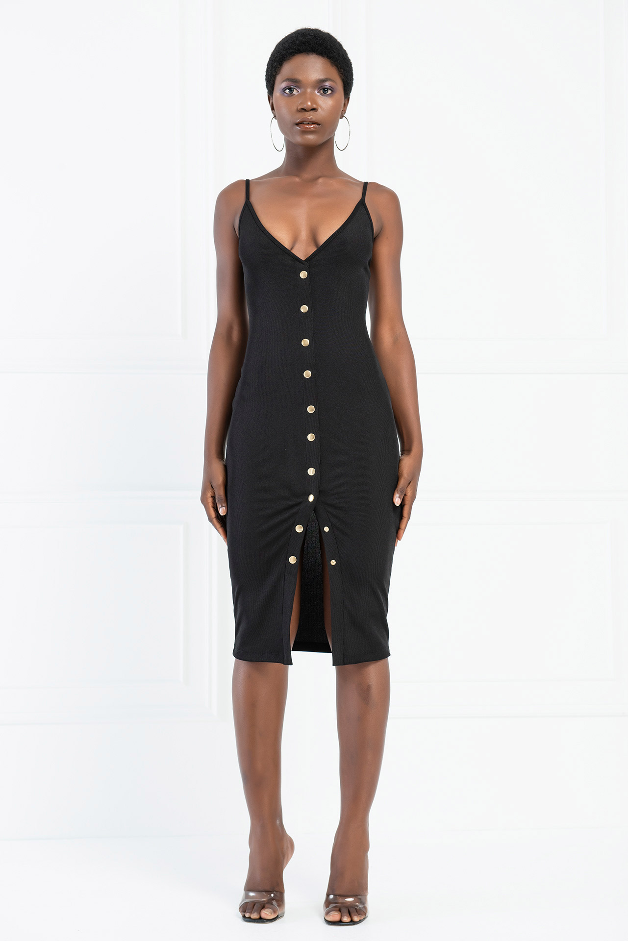 Button-Front Cami Dress in Black