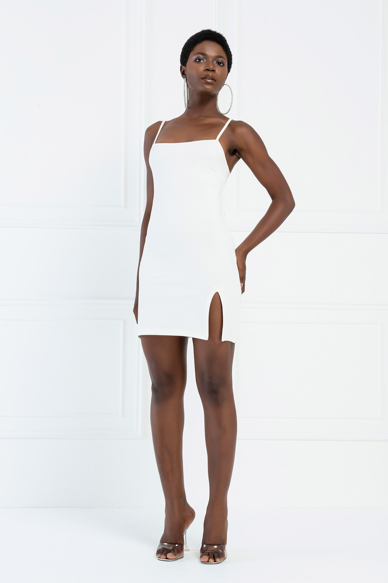 Wholesale Slit-Front Cami Mini Dress in Offwhite