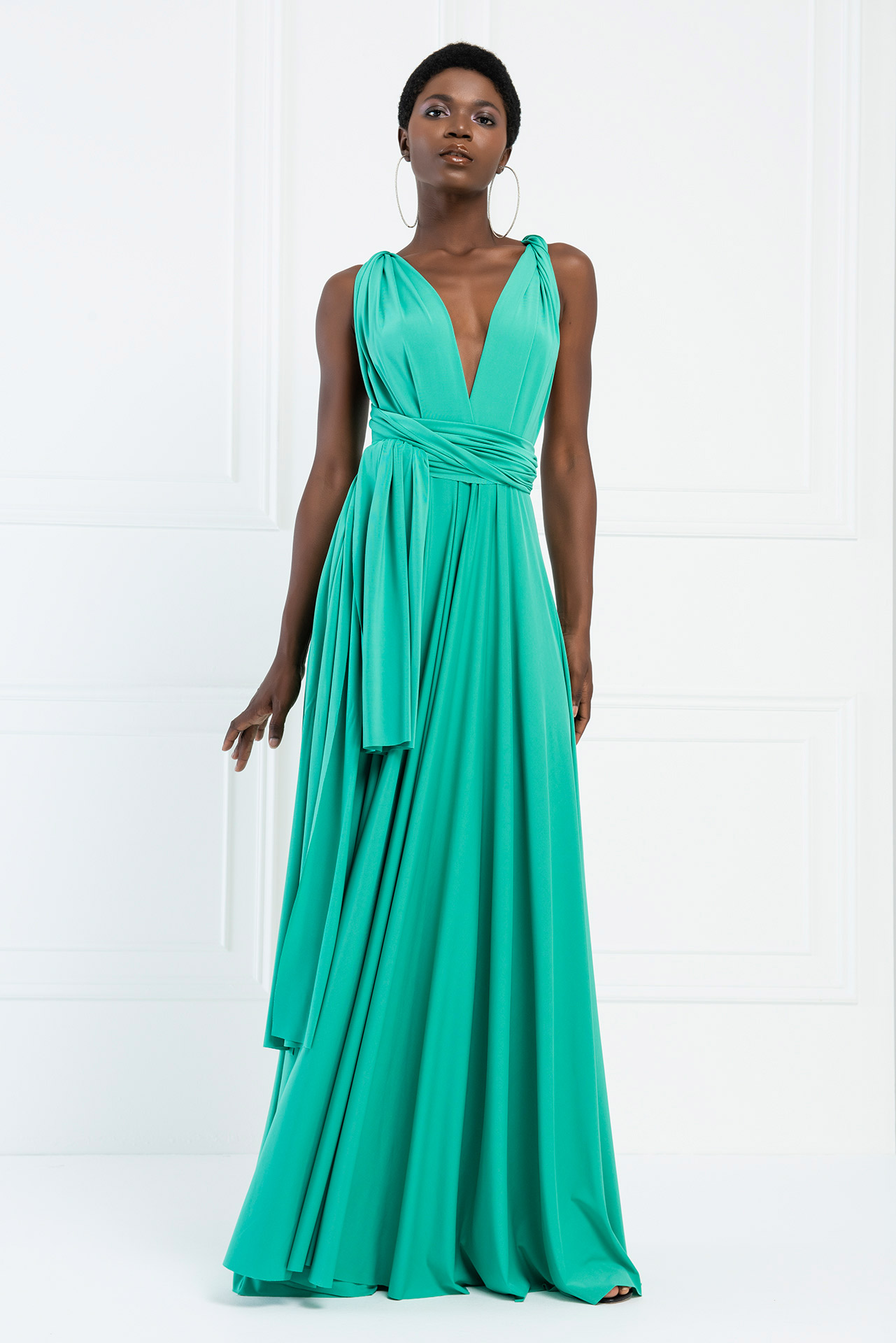 V Neck Sleeveless New Green Pleated Long Dress
