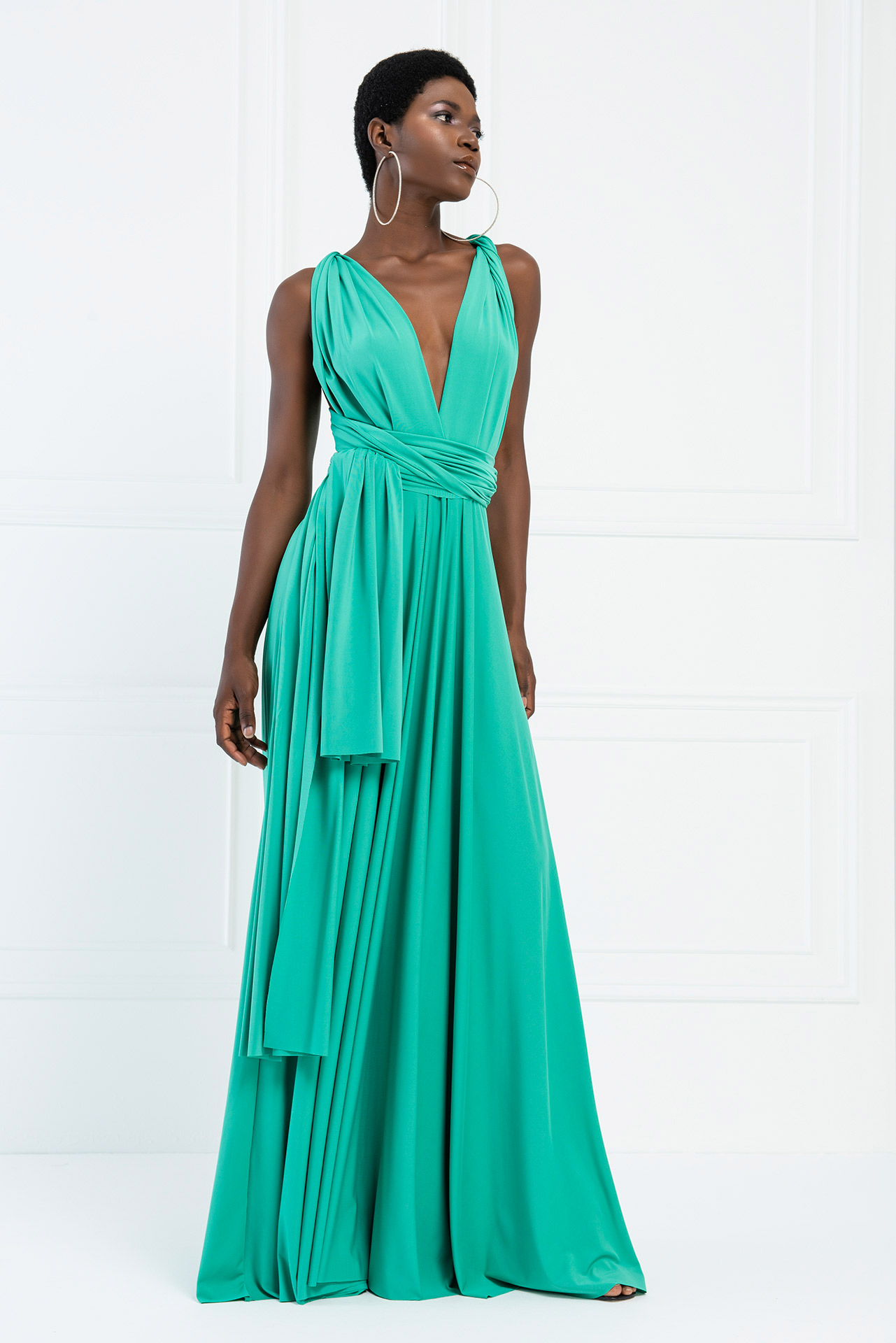 Wholesale V Neck Sleeveless New Green Pleated Long Dress